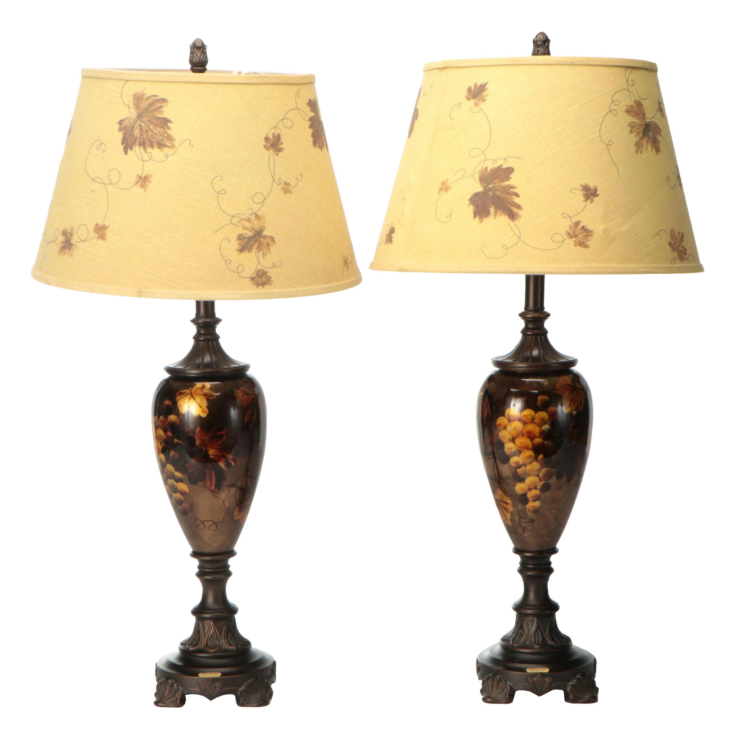 Dale Tiffany Hand-Painted Grape Leaf Glass Table Lamps with Printed Shades