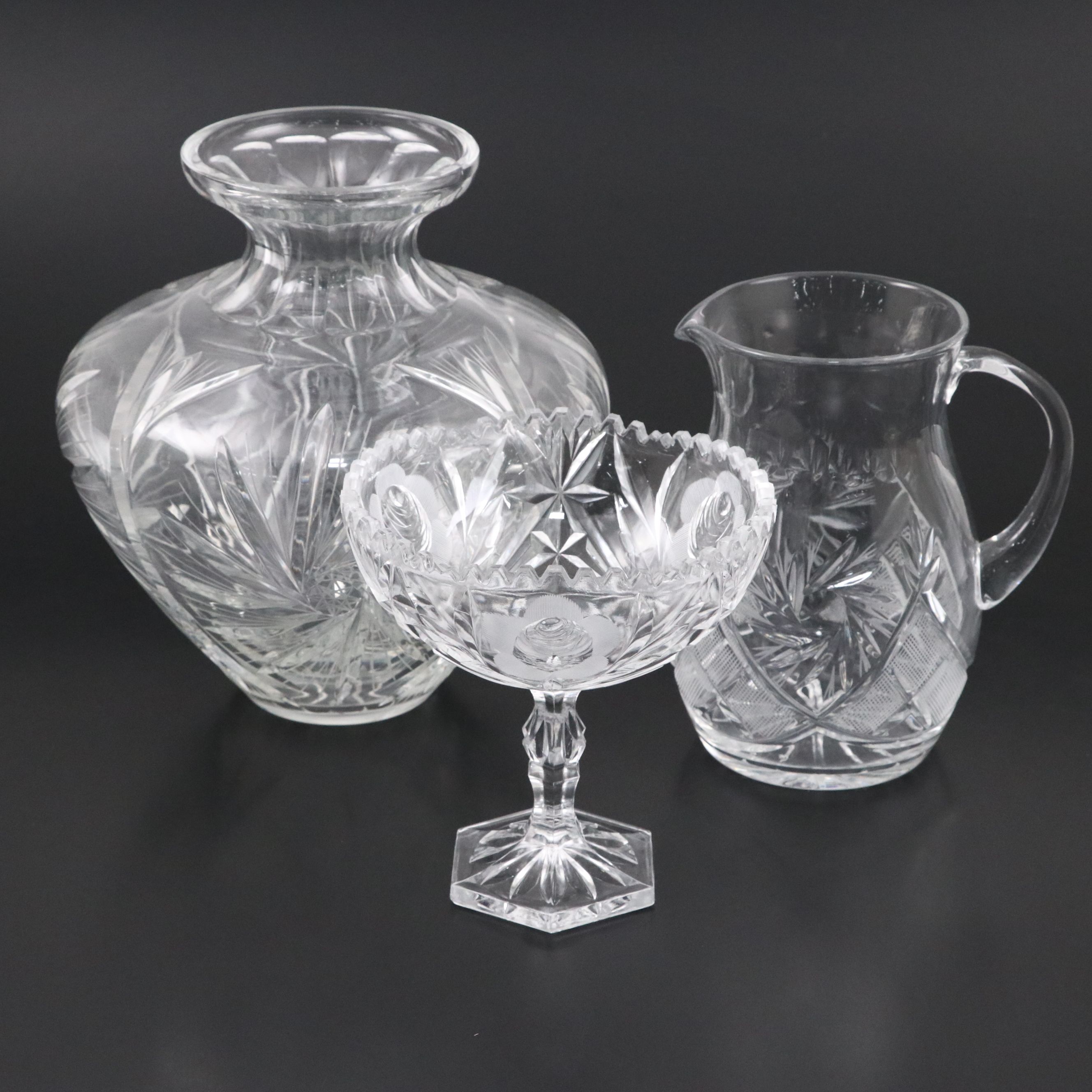 Victorian Style Pinwheel Crystal Pitcher with Glass Compote and Vase