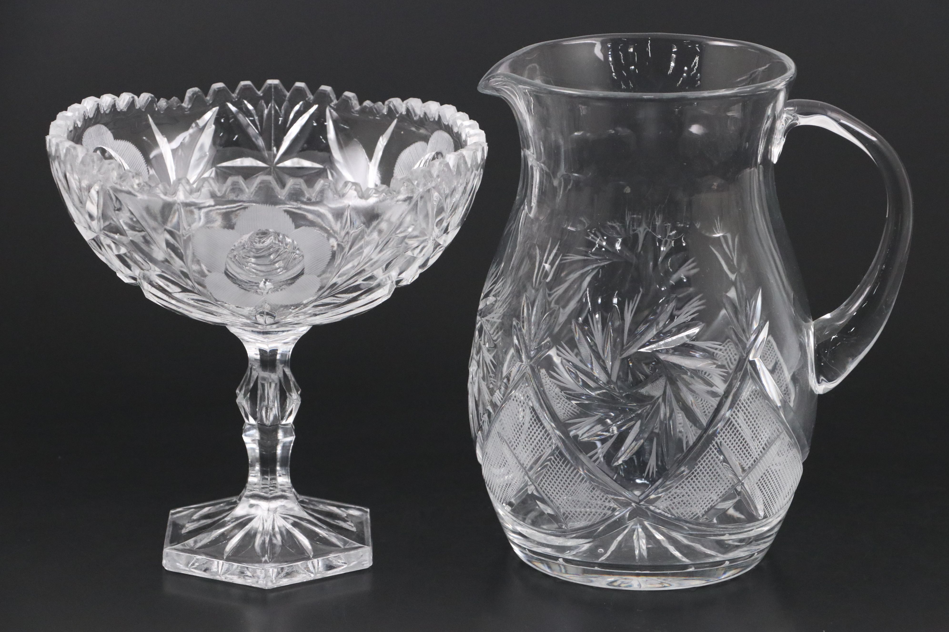 Victorian Style Pinwheel Crystal Pitcher with Glass Compote and Vase