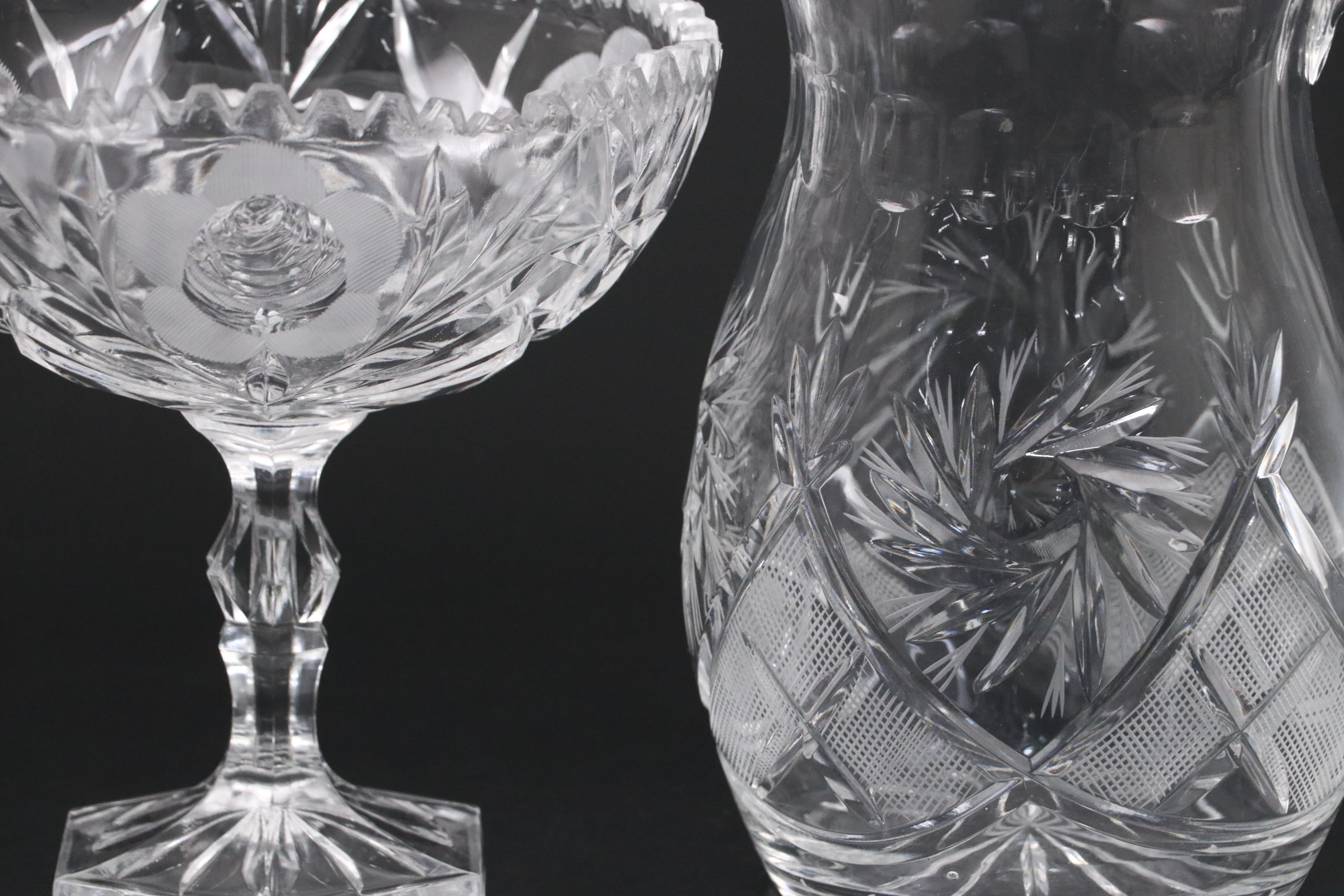 Victorian Style Pinwheel Crystal Pitcher with Glass Compote and Vase