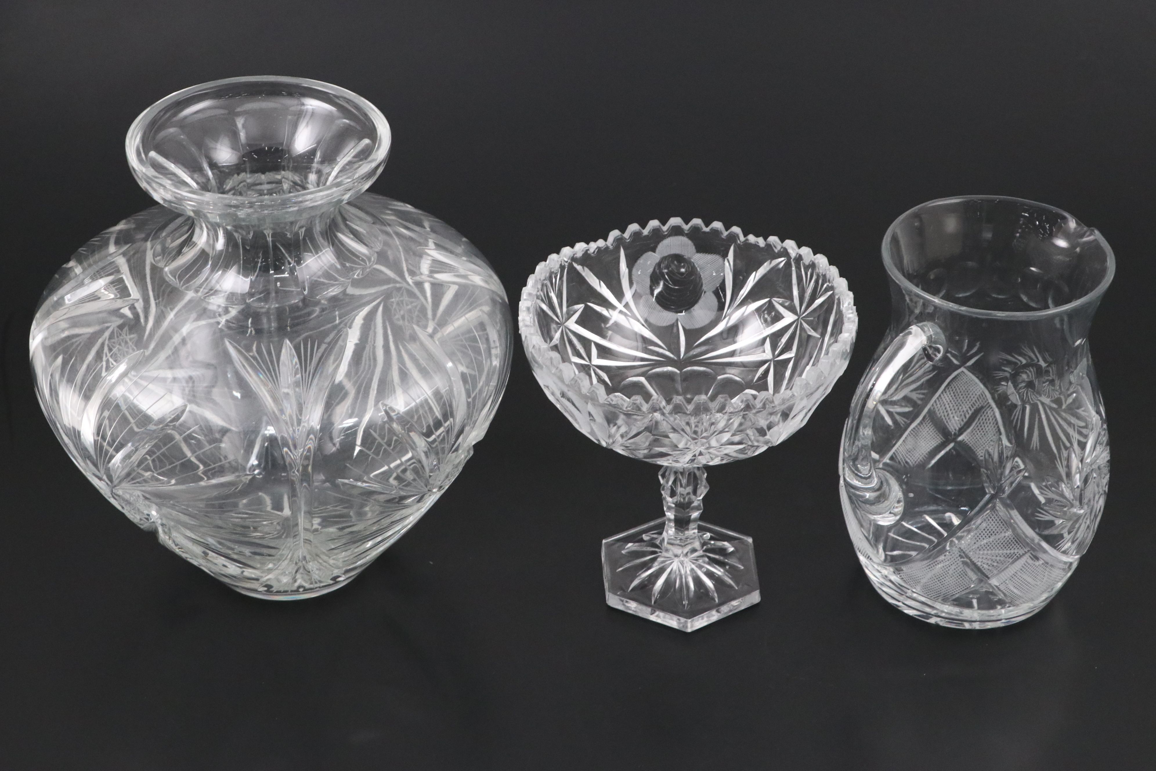 Victorian Style Pinwheel Crystal Pitcher with Glass Compote and Vase
