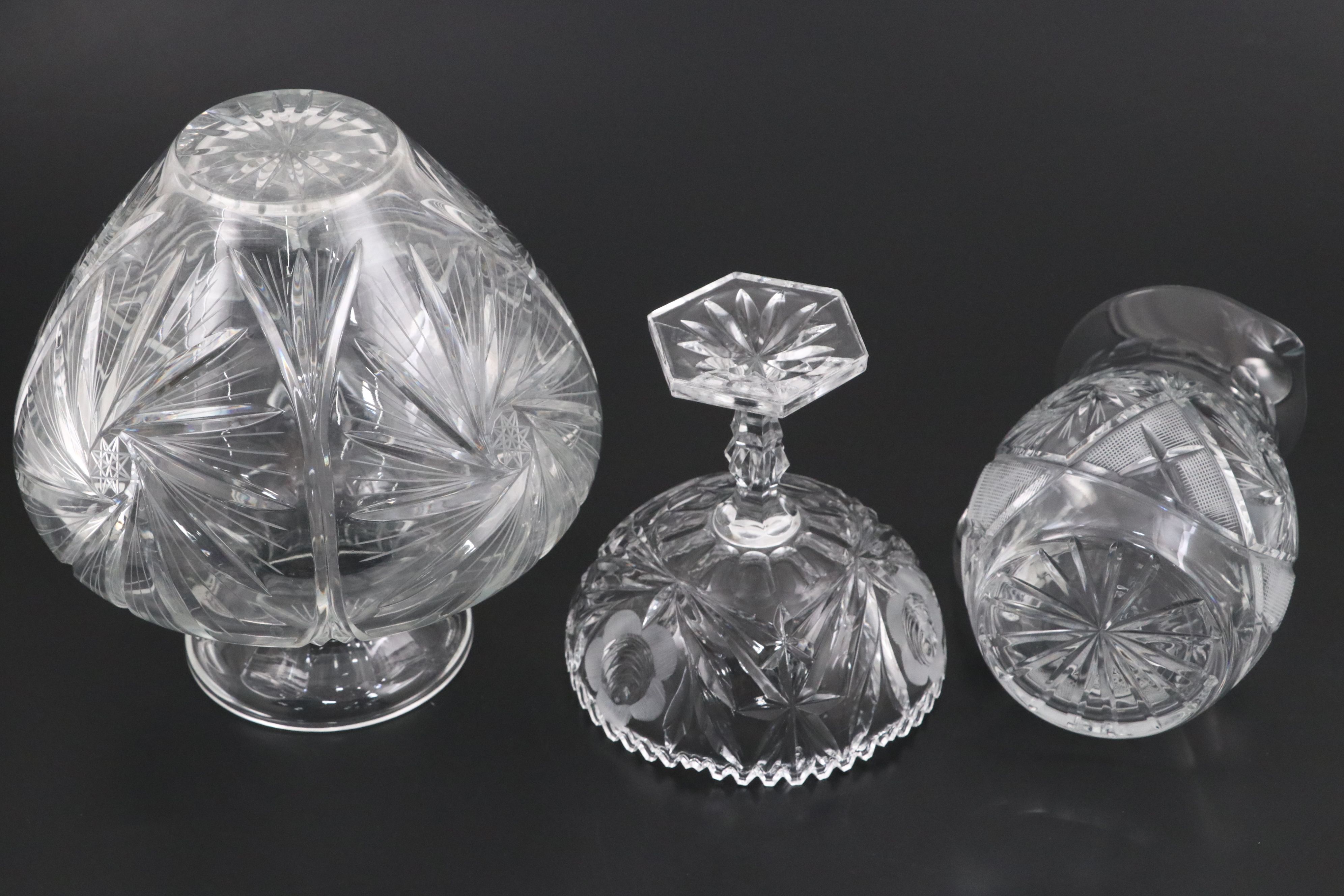 Victorian Style Pinwheel Crystal Pitcher with Glass Compote and Vase