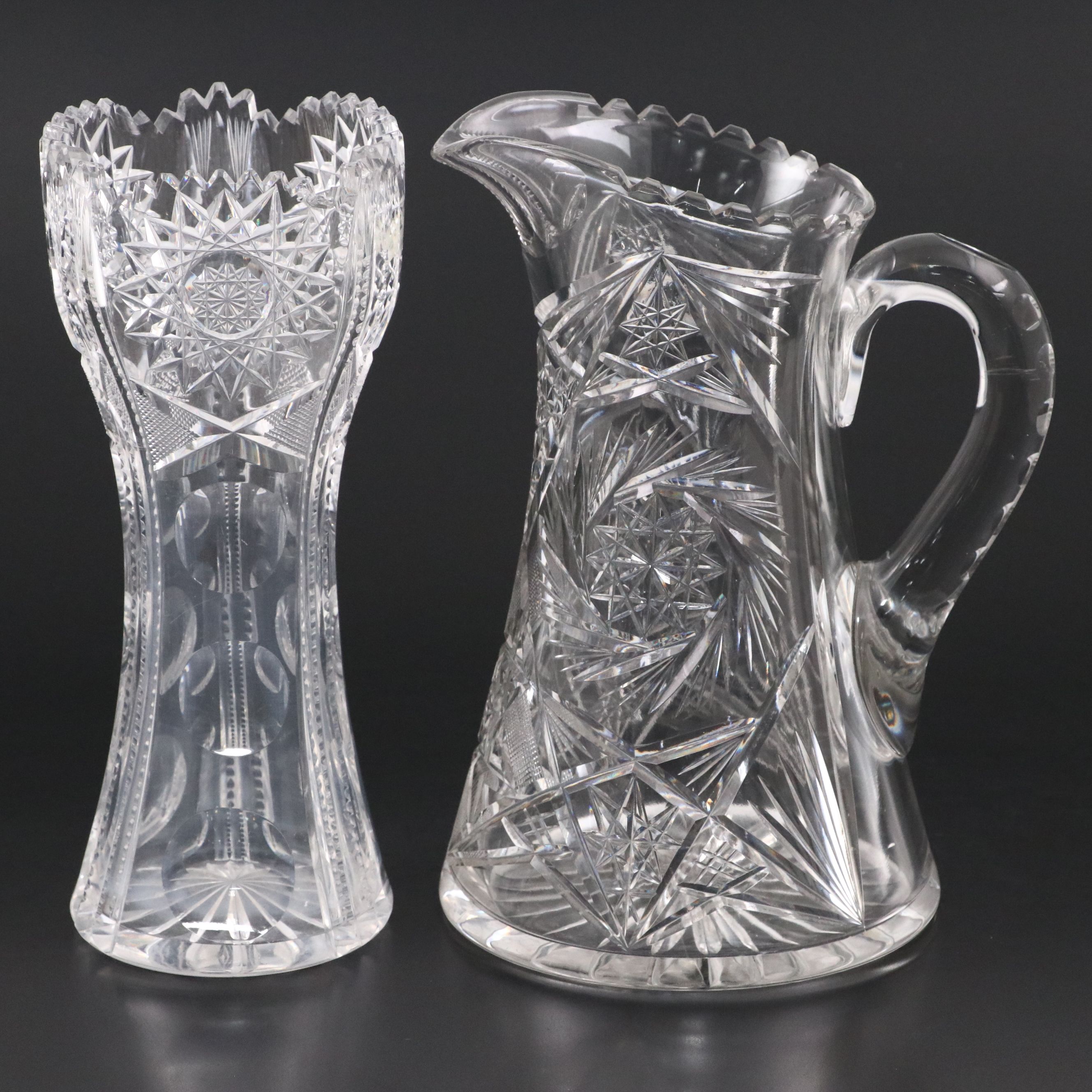 American Brilliant Cut Glass Corset Vase and Pitcher, 20th Century