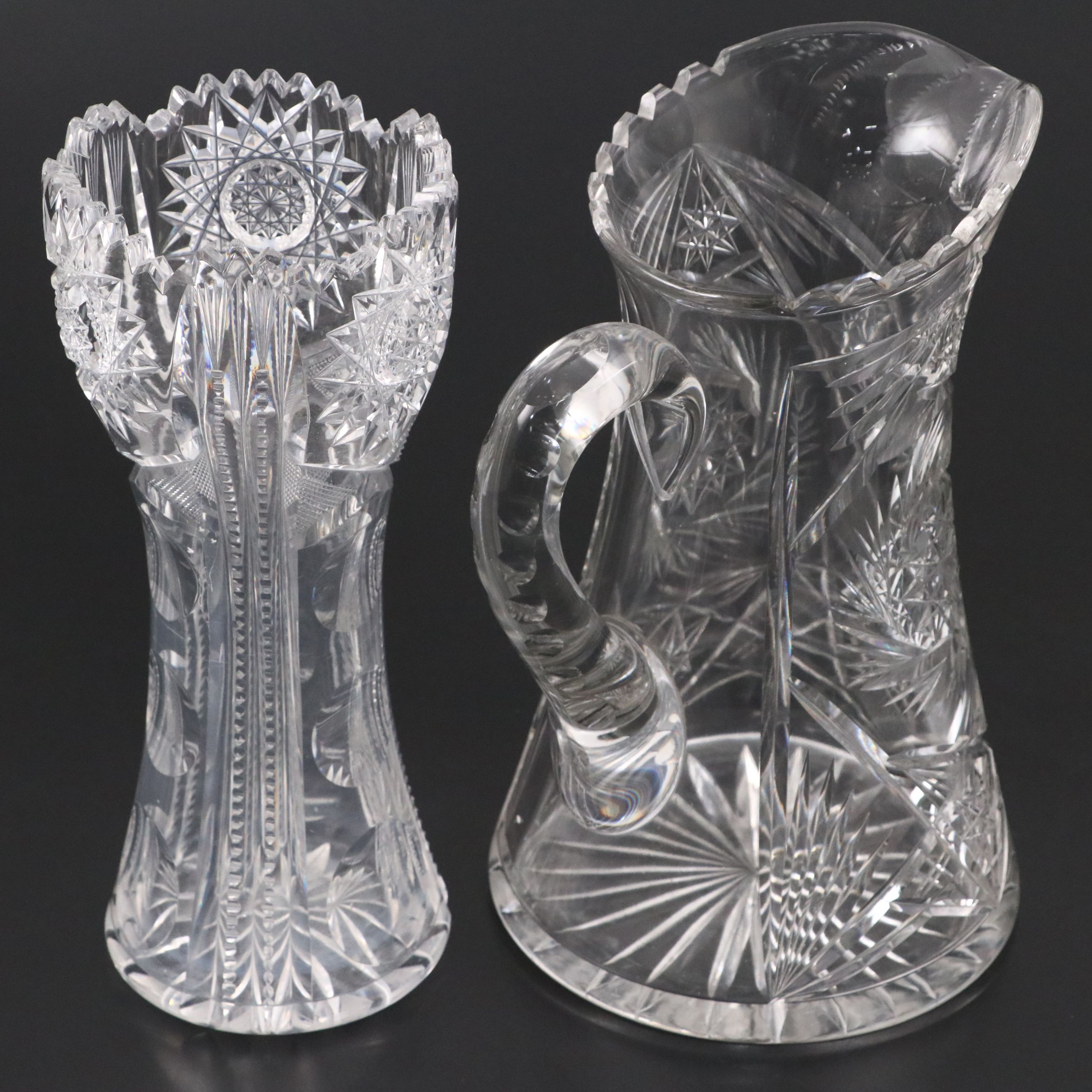 American Brilliant Cut Glass Corset Vase and Pitcher, 20th Century