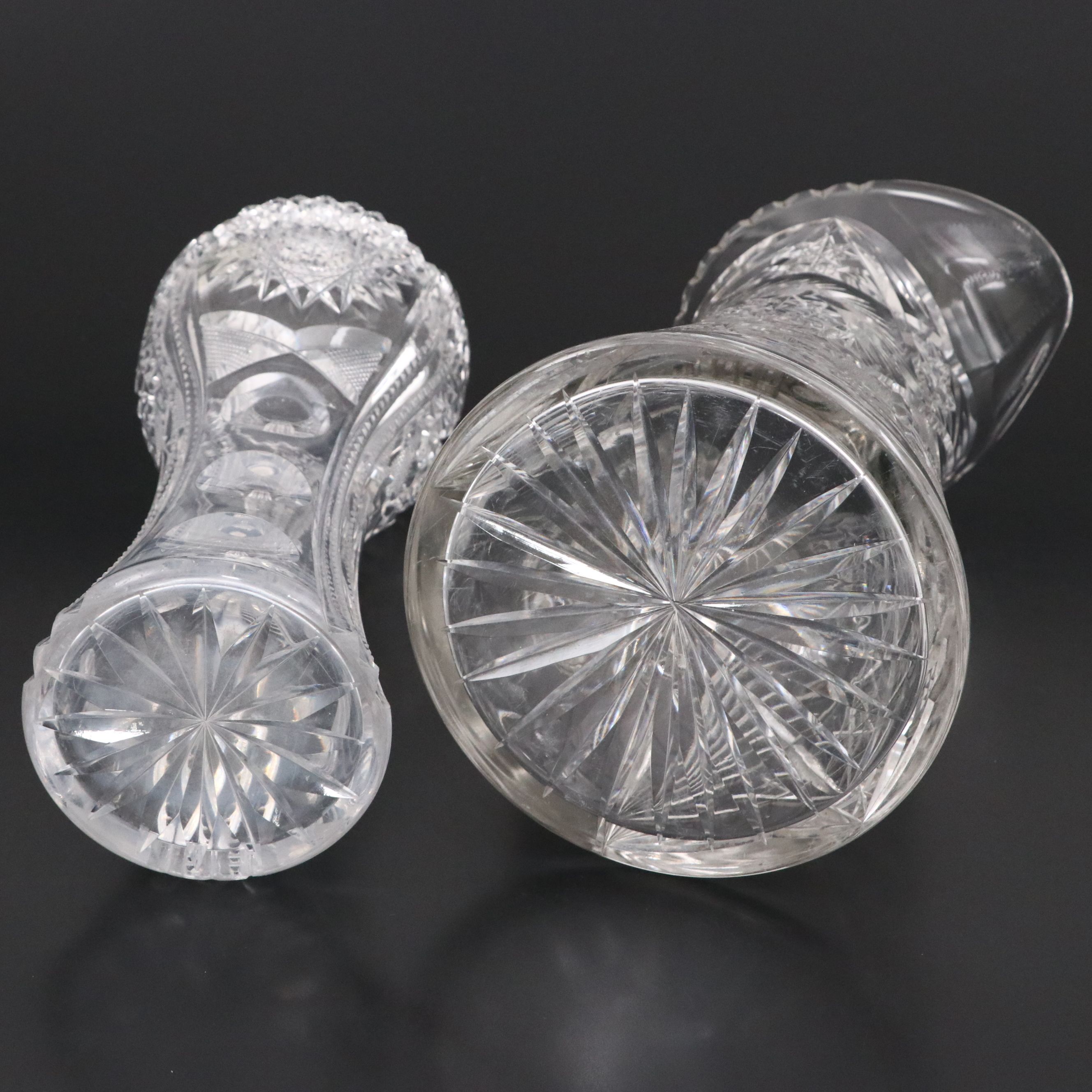 American Brilliant Cut Glass Corset Vase and Pitcher, 20th Century