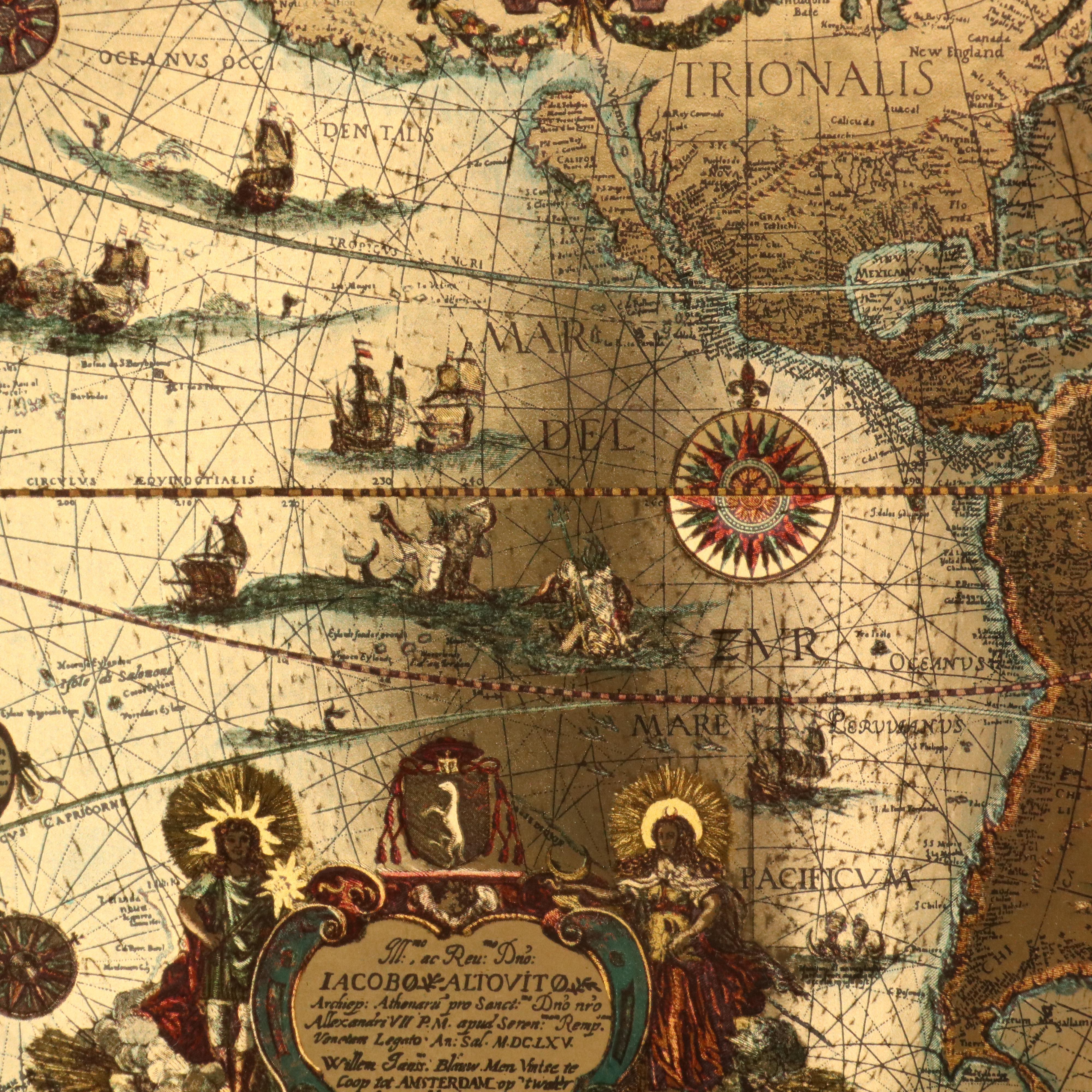 Offset Lithograph Foil World Map After Johannes Blaeu, Mid to Late 20th Century