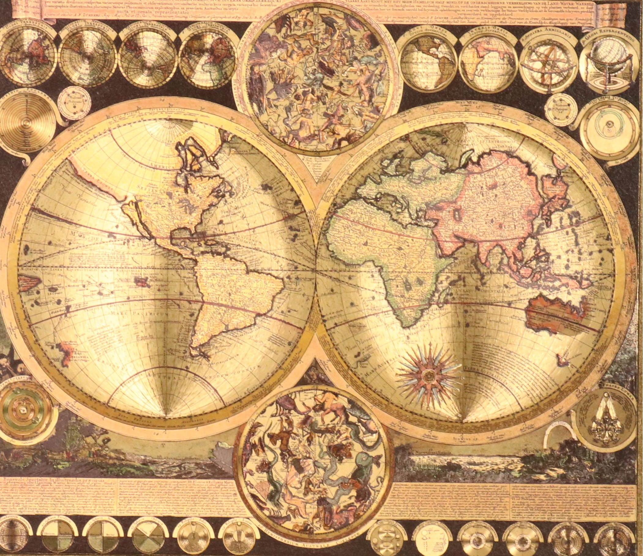 Offset Lithograph Foil World Map After Peter Schenk the Elder