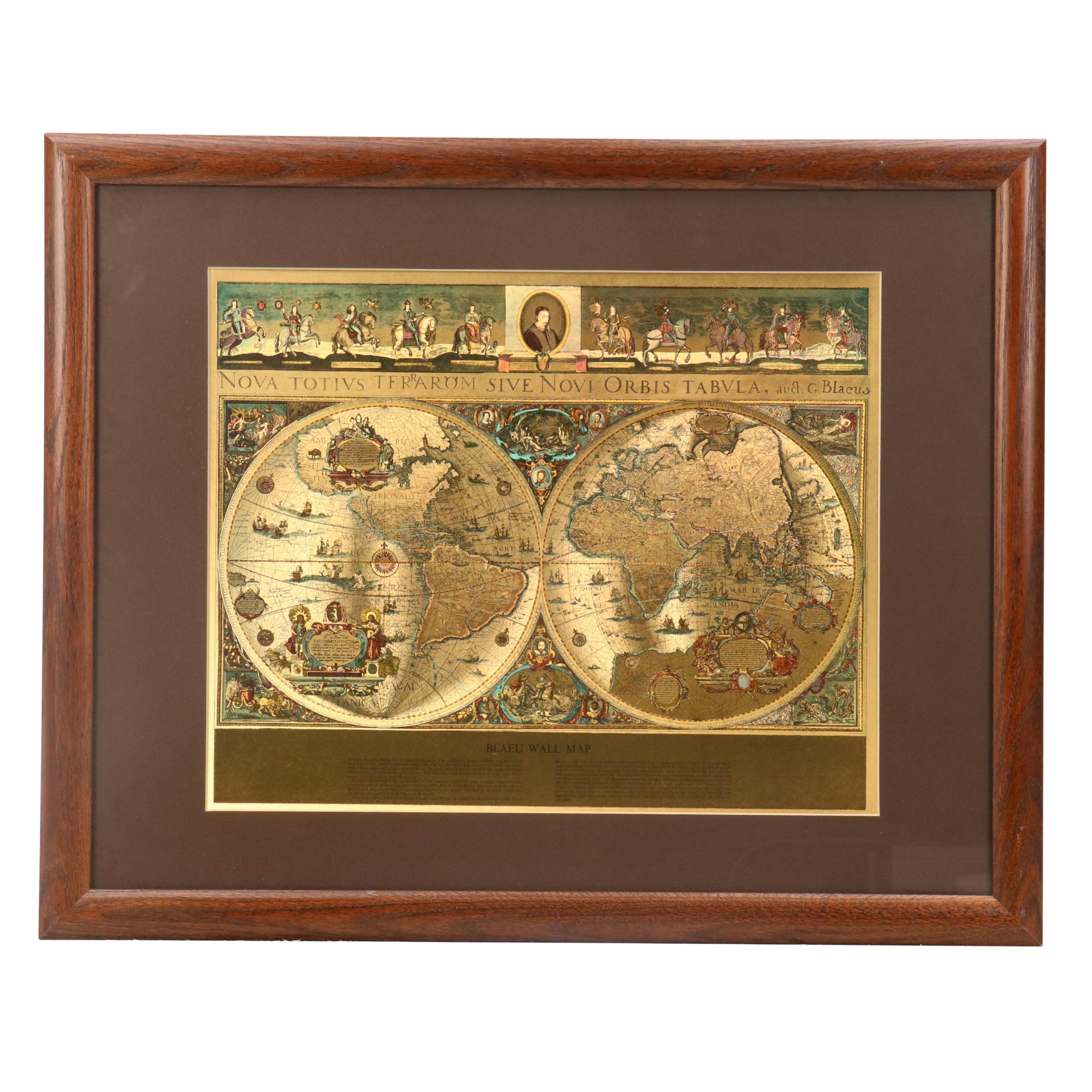 Offset Lithograph Foil World Map After Johannes Blaeu, Mid to Late 20th Century