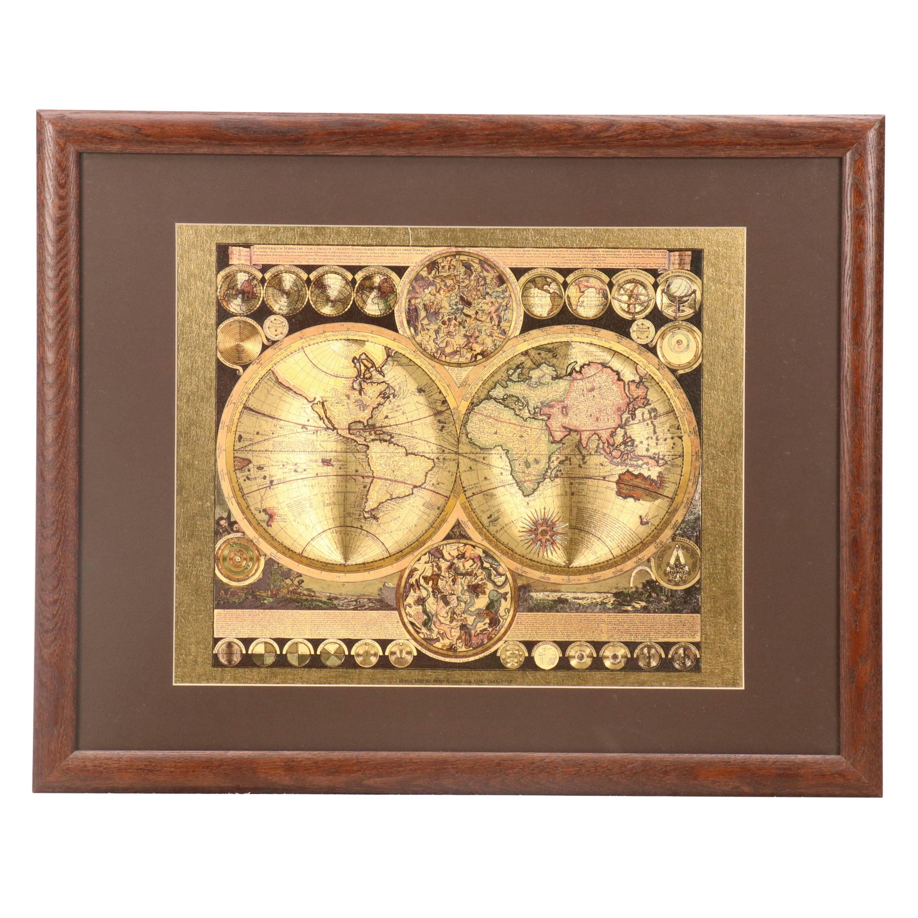 Offset Lithograph Foil World Map After Peter Schenk the Elder