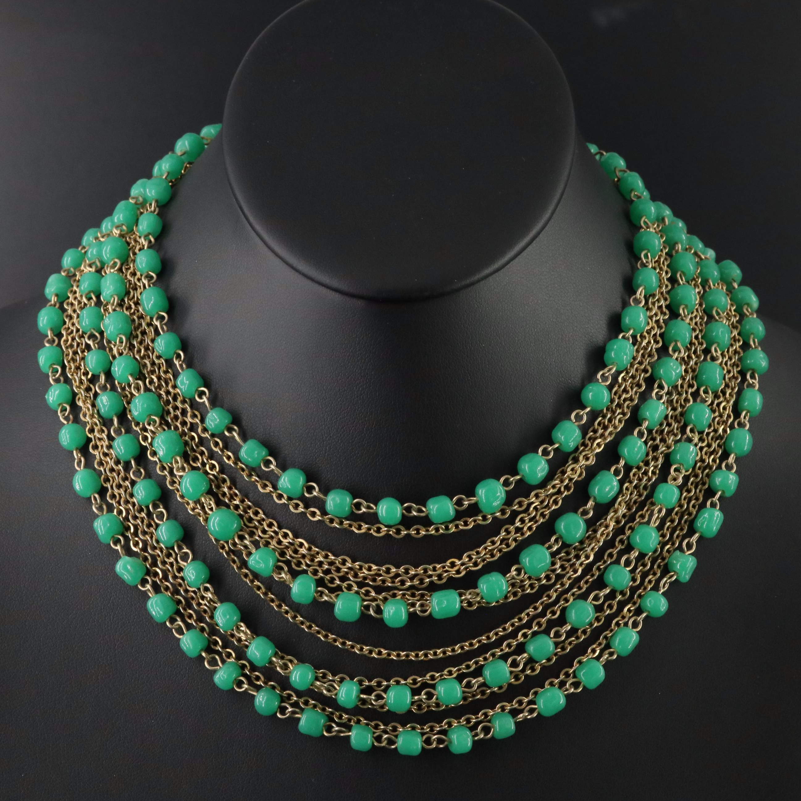 Vintage Gold-Tone and Green Glass Tiered Necklace