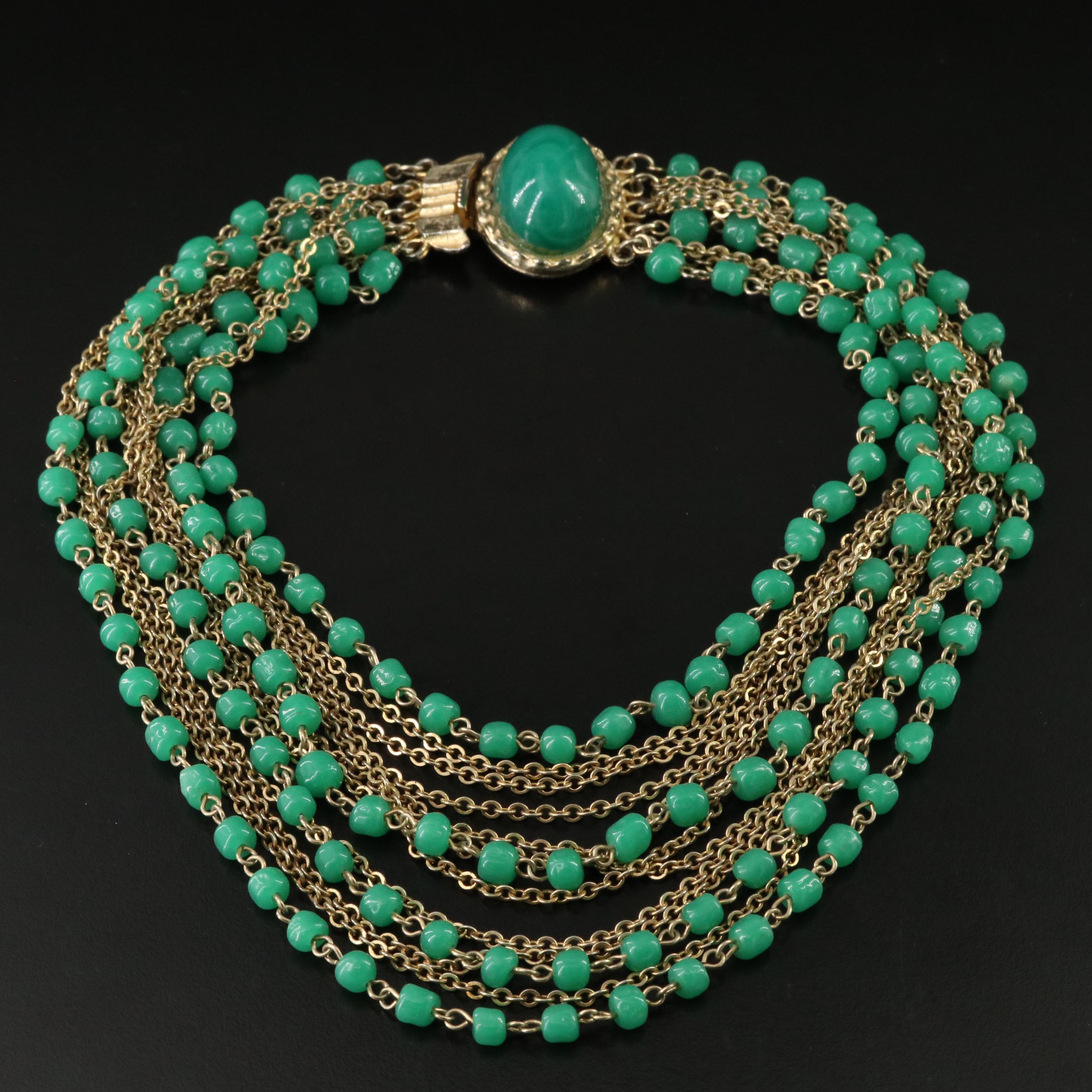 Vintage Gold-Tone and Green Glass Tiered Necklace