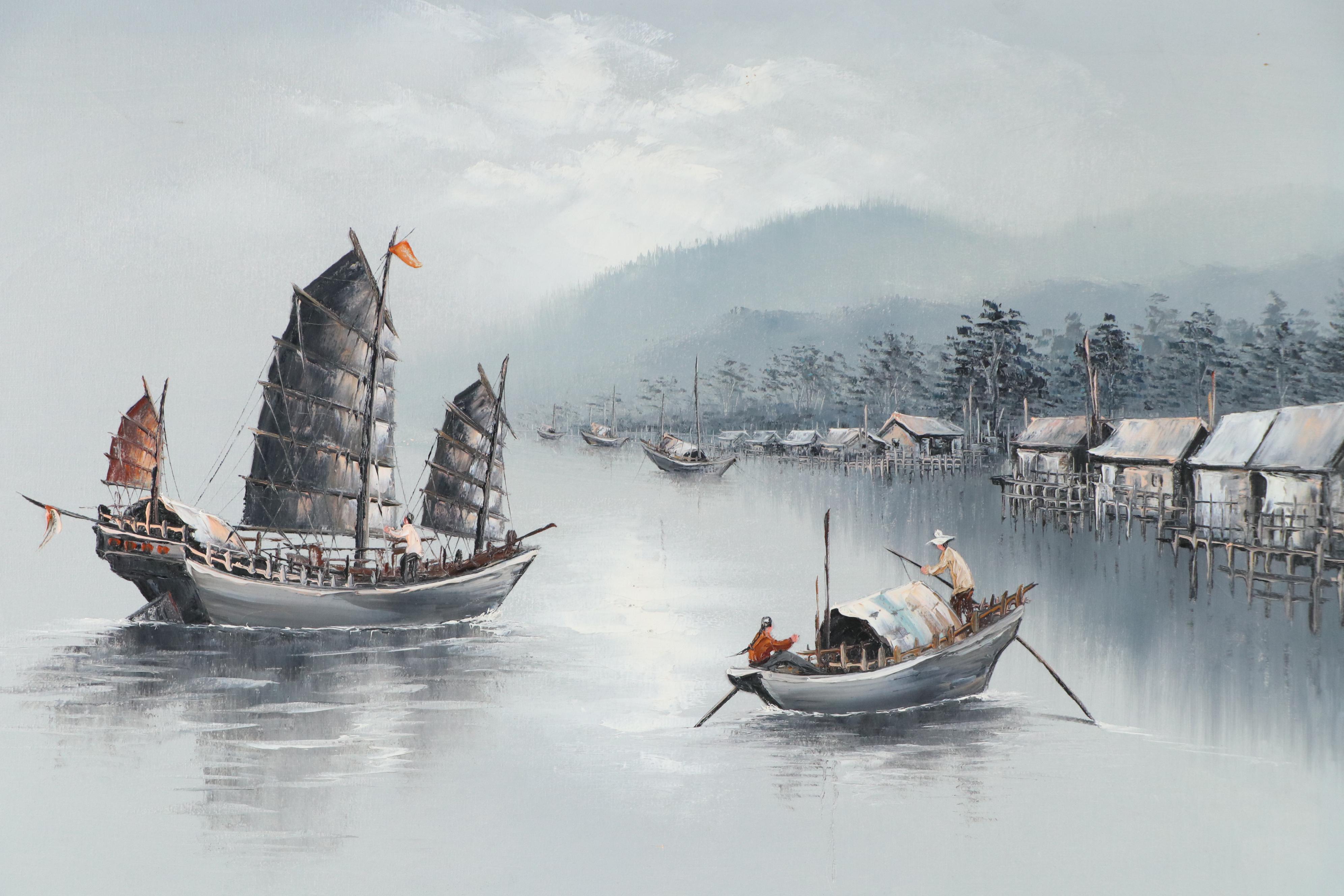 L. Wong Chinese Seascape Oil Painting of Sampan and Junk Boats