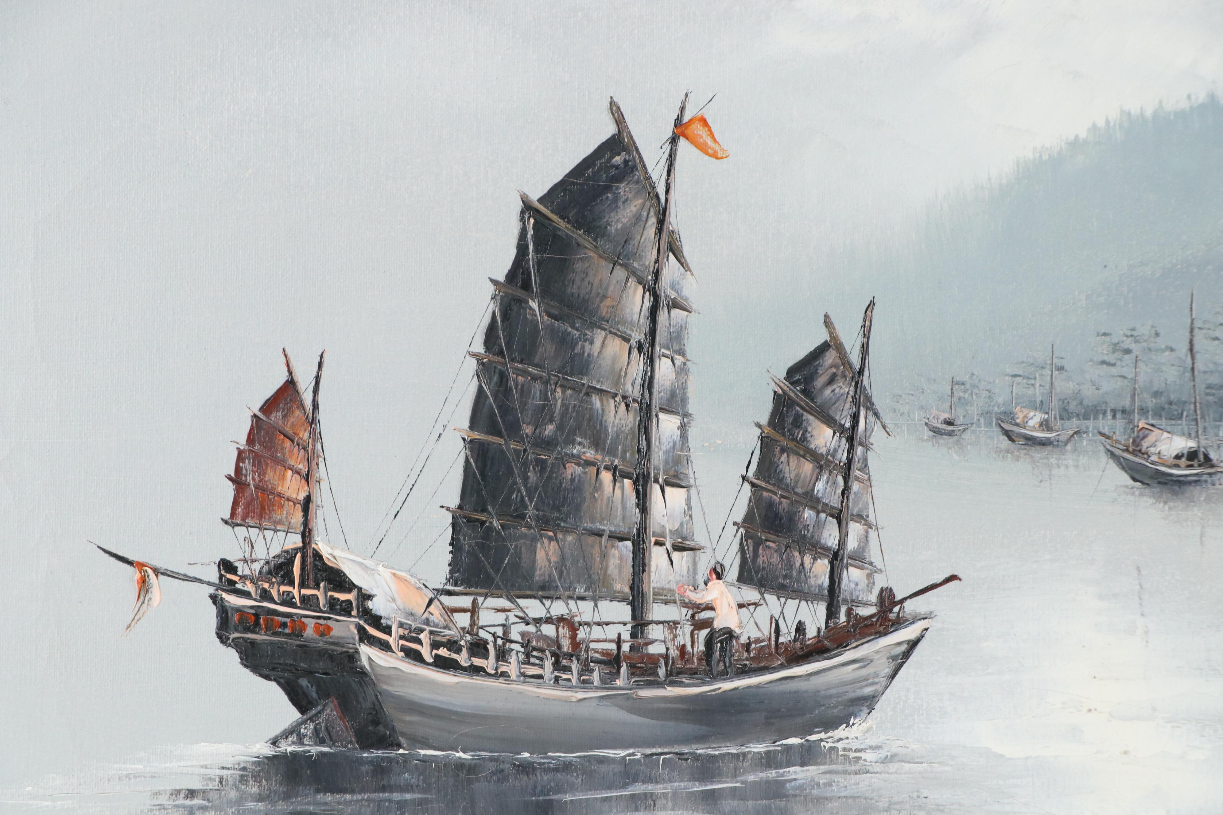 L. Wong Chinese Seascape Oil Painting of Sampan and Junk Boats