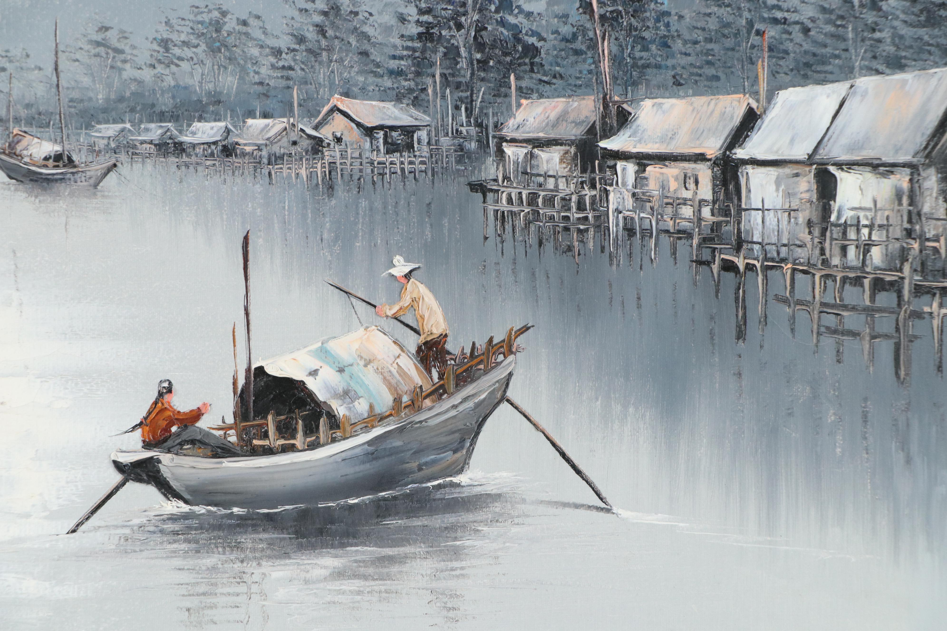 L. Wong Chinese Seascape Oil Painting of Sampan and Junk Boats