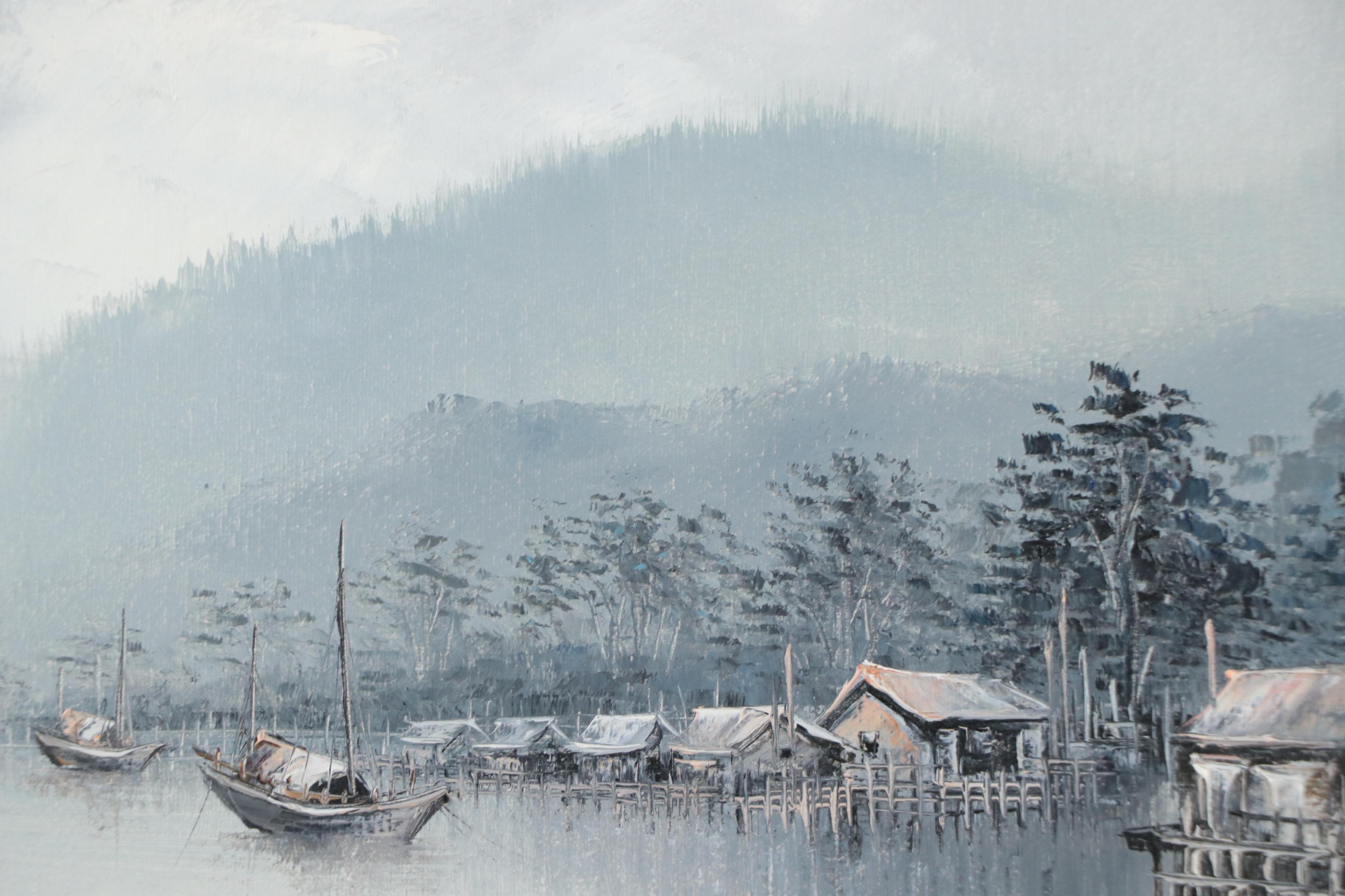 L. Wong Chinese Seascape Oil Painting of Sampan and Junk Boats