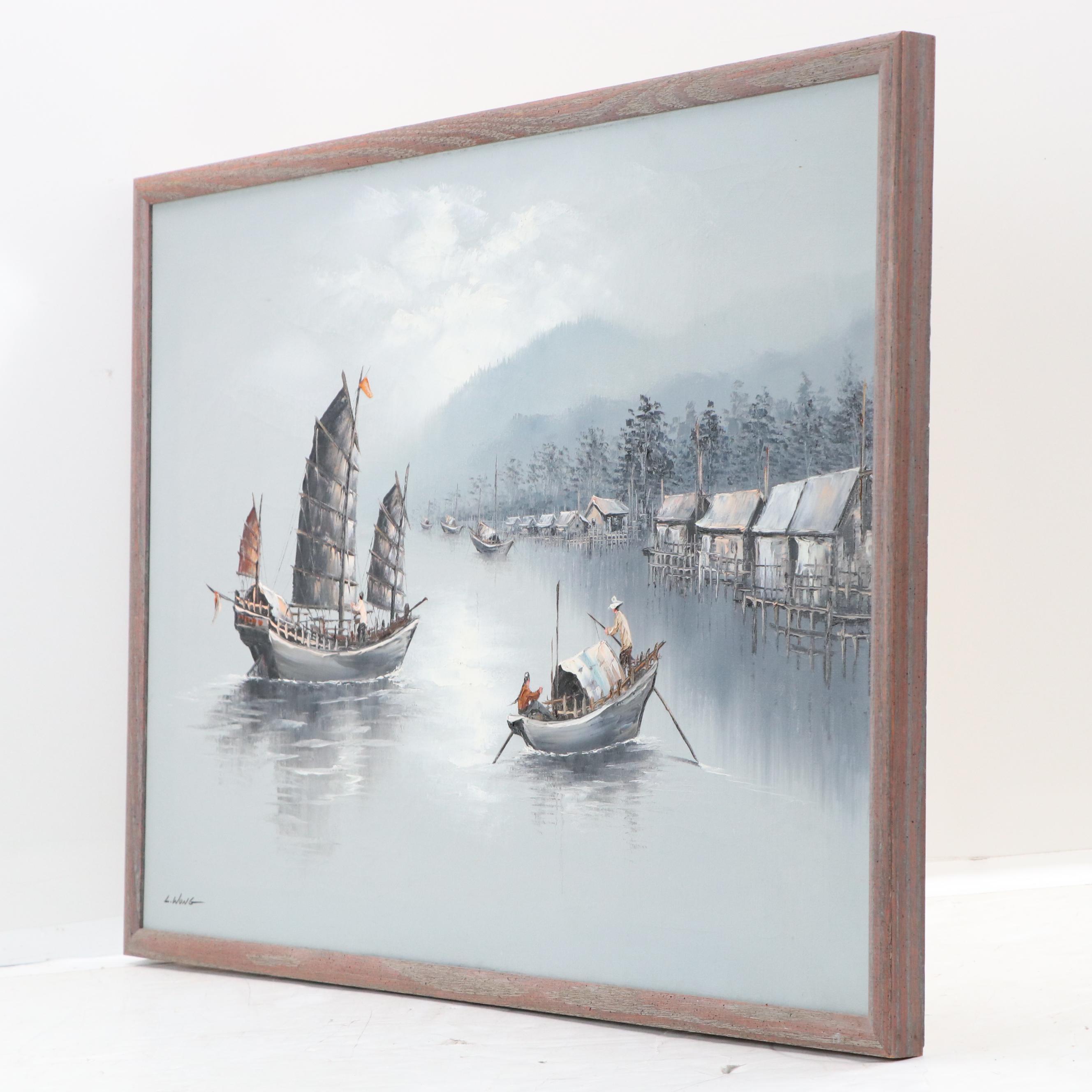 L. Wong Chinese Seascape Oil Painting of Sampan and Junk Boats