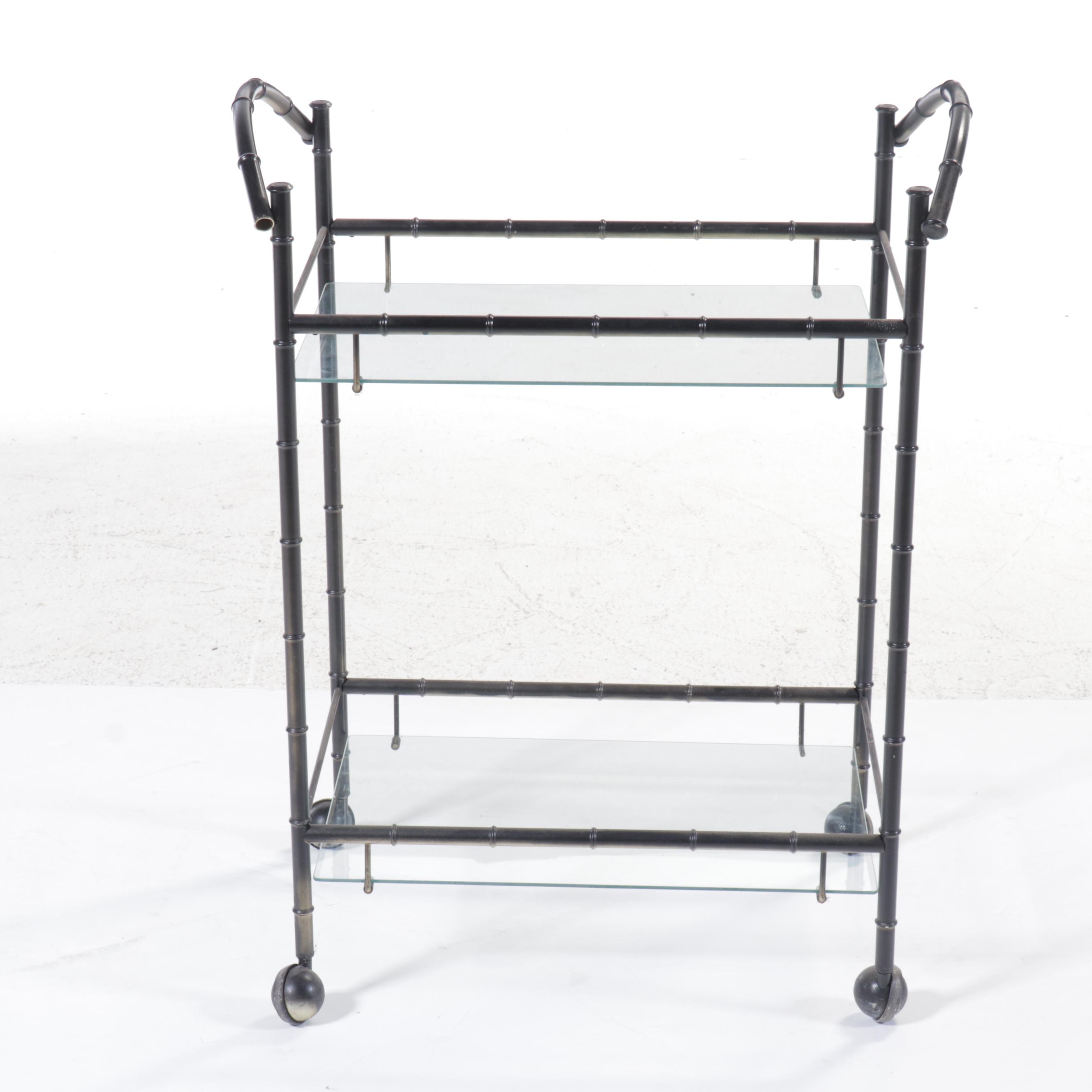 Two-Tiered Bamboo Form Metal Tea Cart with Glass Shelves
