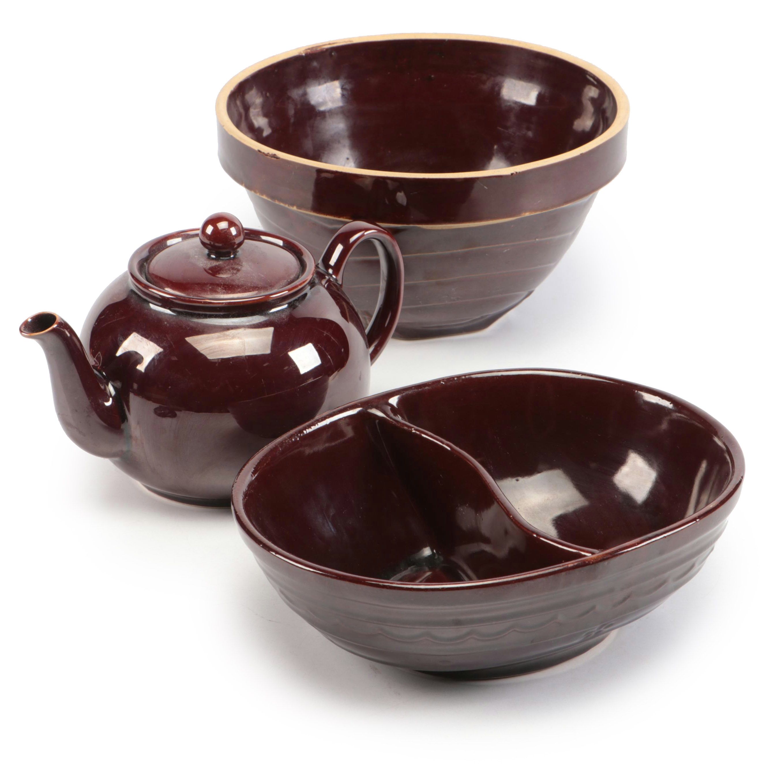Mar-Crest with Art Deco Style Brownware Bowls and English Brown Betty Teapot,