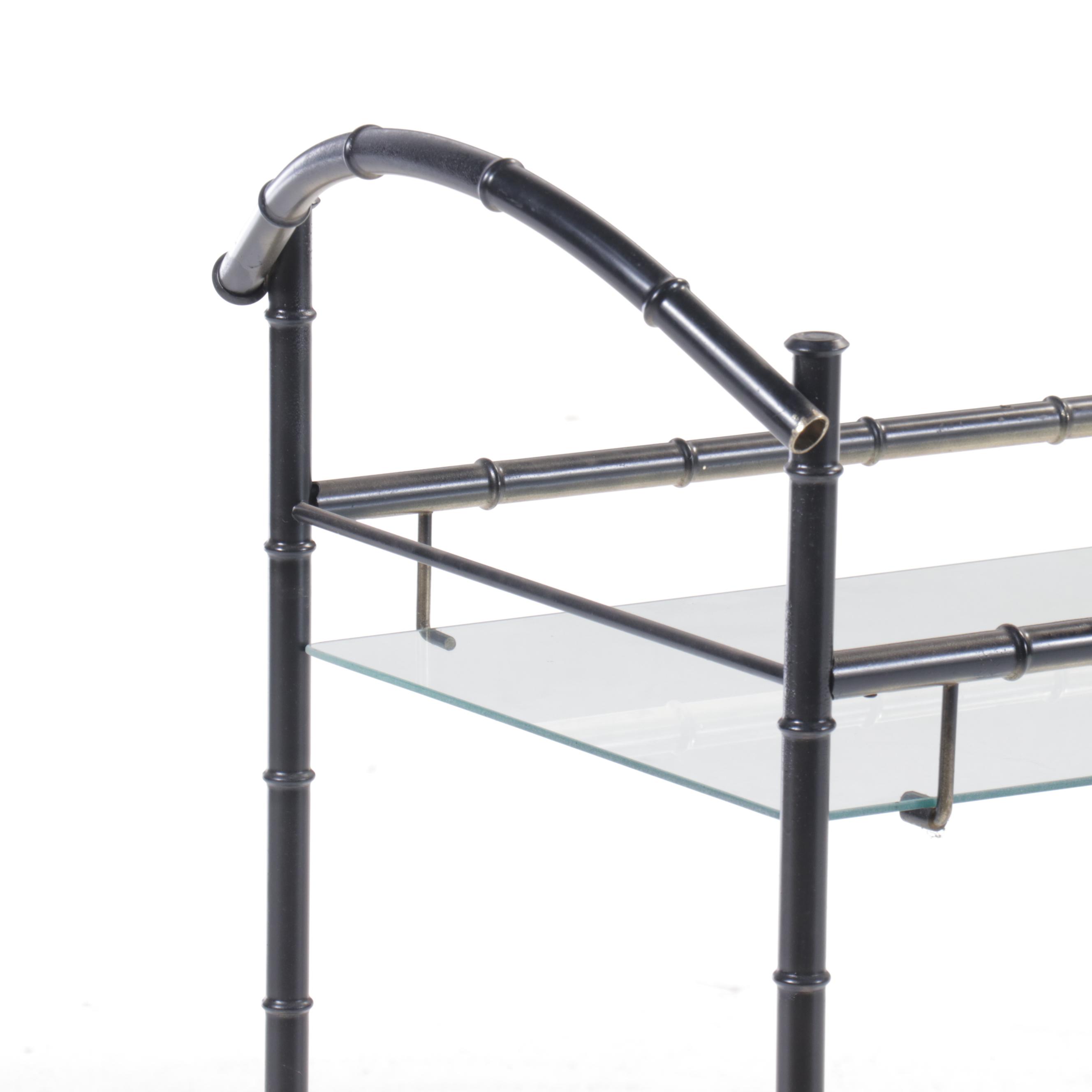 Two-Tiered Bamboo Form Metal Tea Cart with Glass Shelves