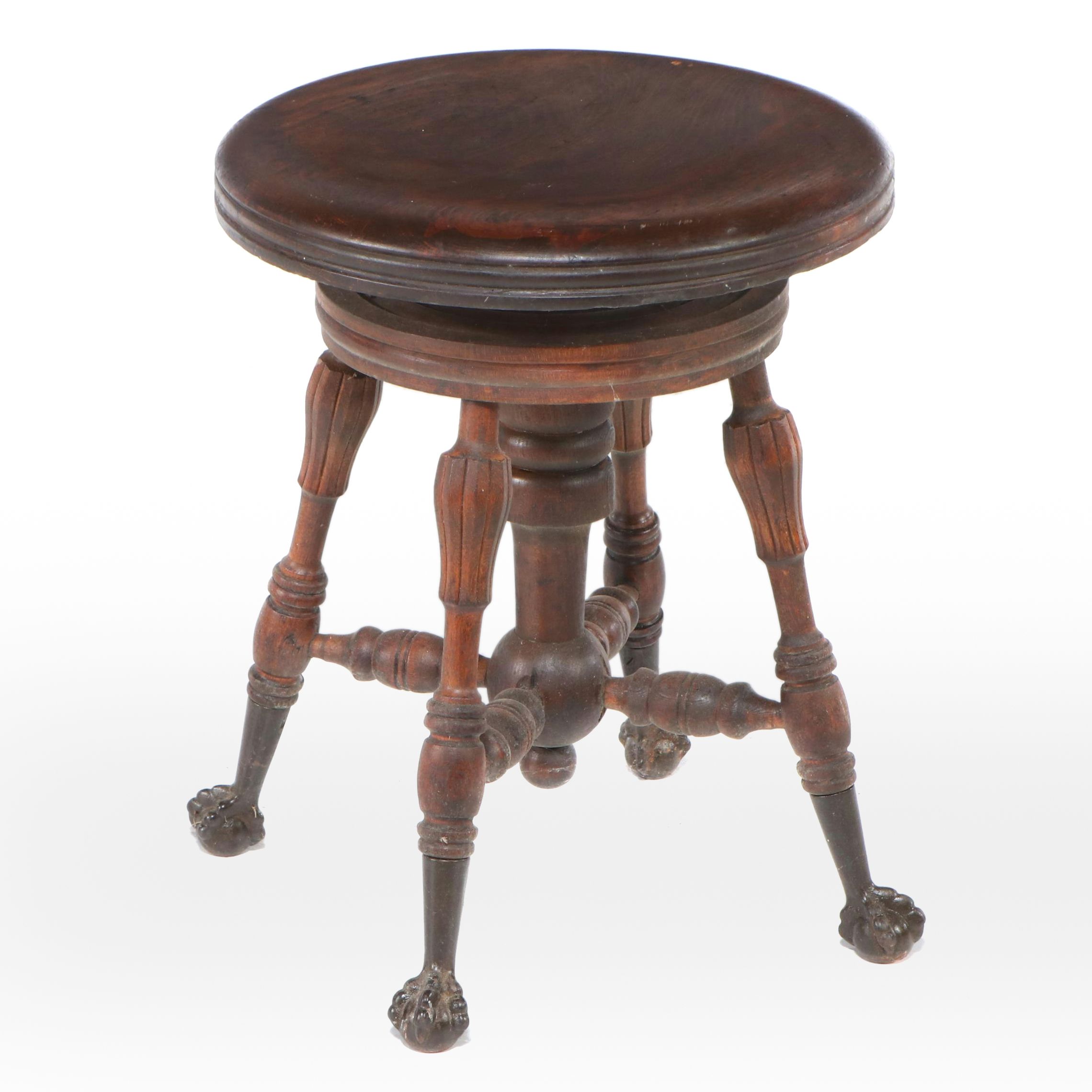 Victorian Carved Oak Piano Stool with Claw Feet