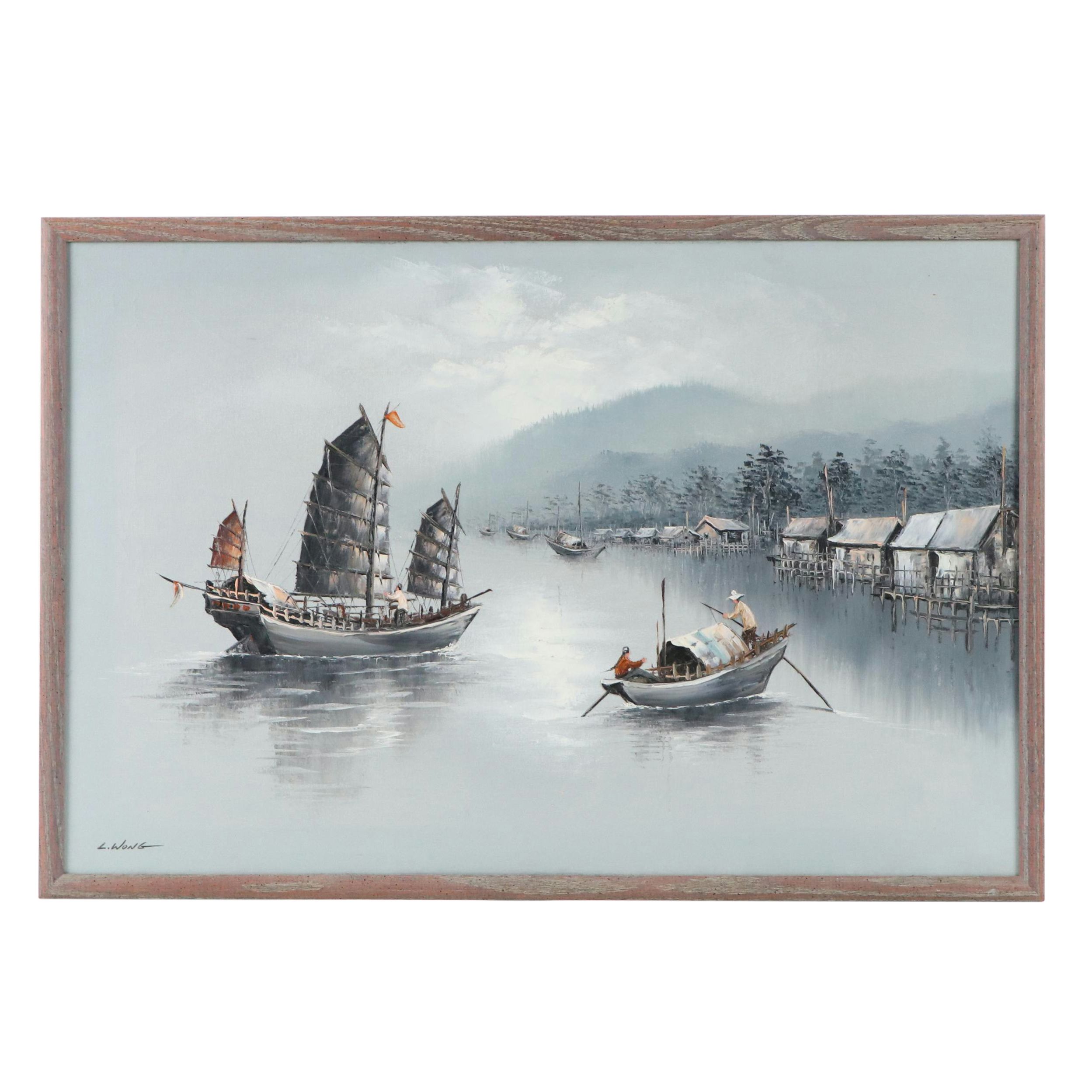 L. Wong Chinese Seascape Oil Painting of Sampan and Junk Boats