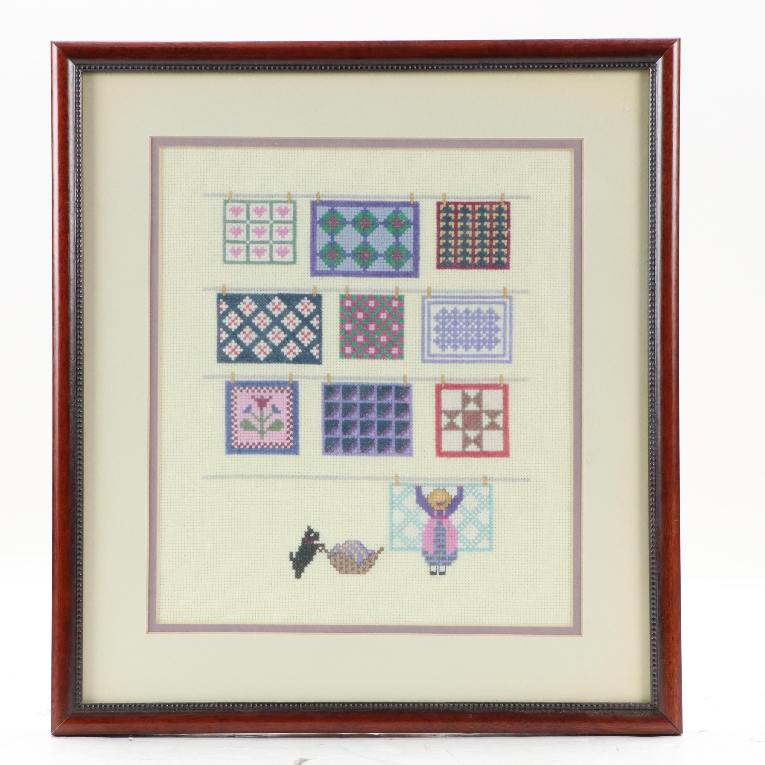 Pair of Amish-Themed Cross-Stitch Embroideries, Circa 1990