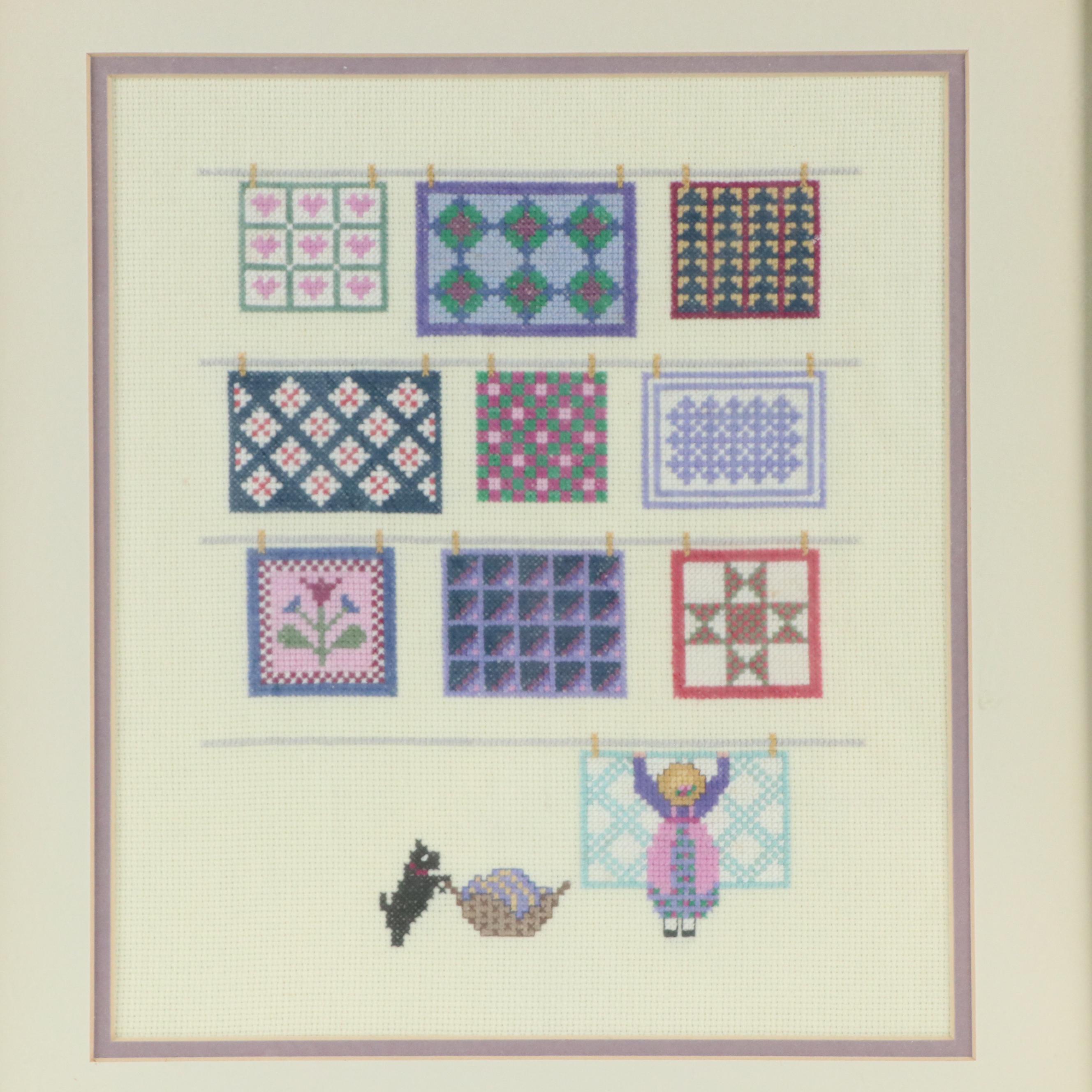 Pair of Amish-Themed Cross-Stitch Embroideries, Circa 1990