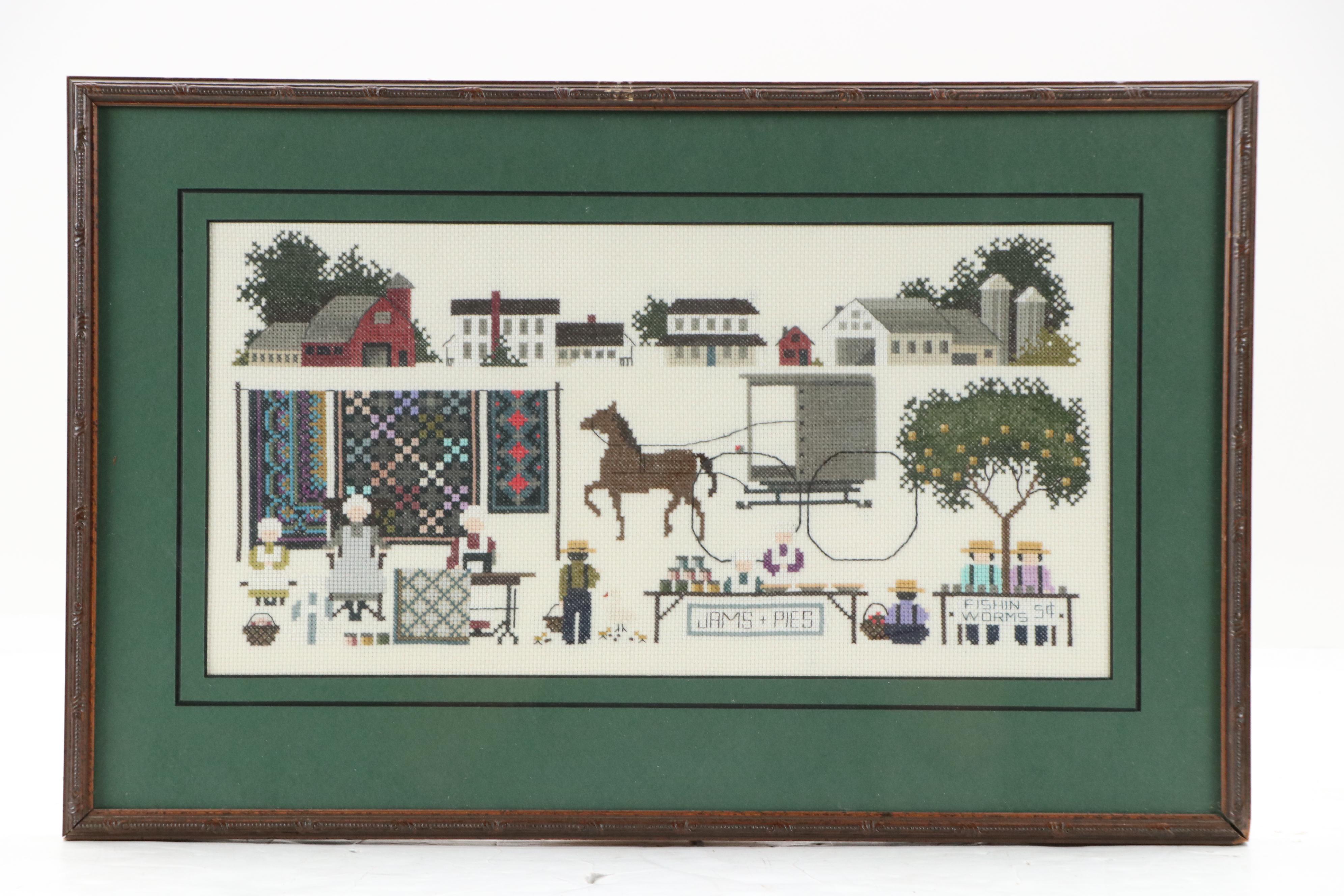 Pair of Amish-Themed Cross-Stitch Embroideries, Circa 1990