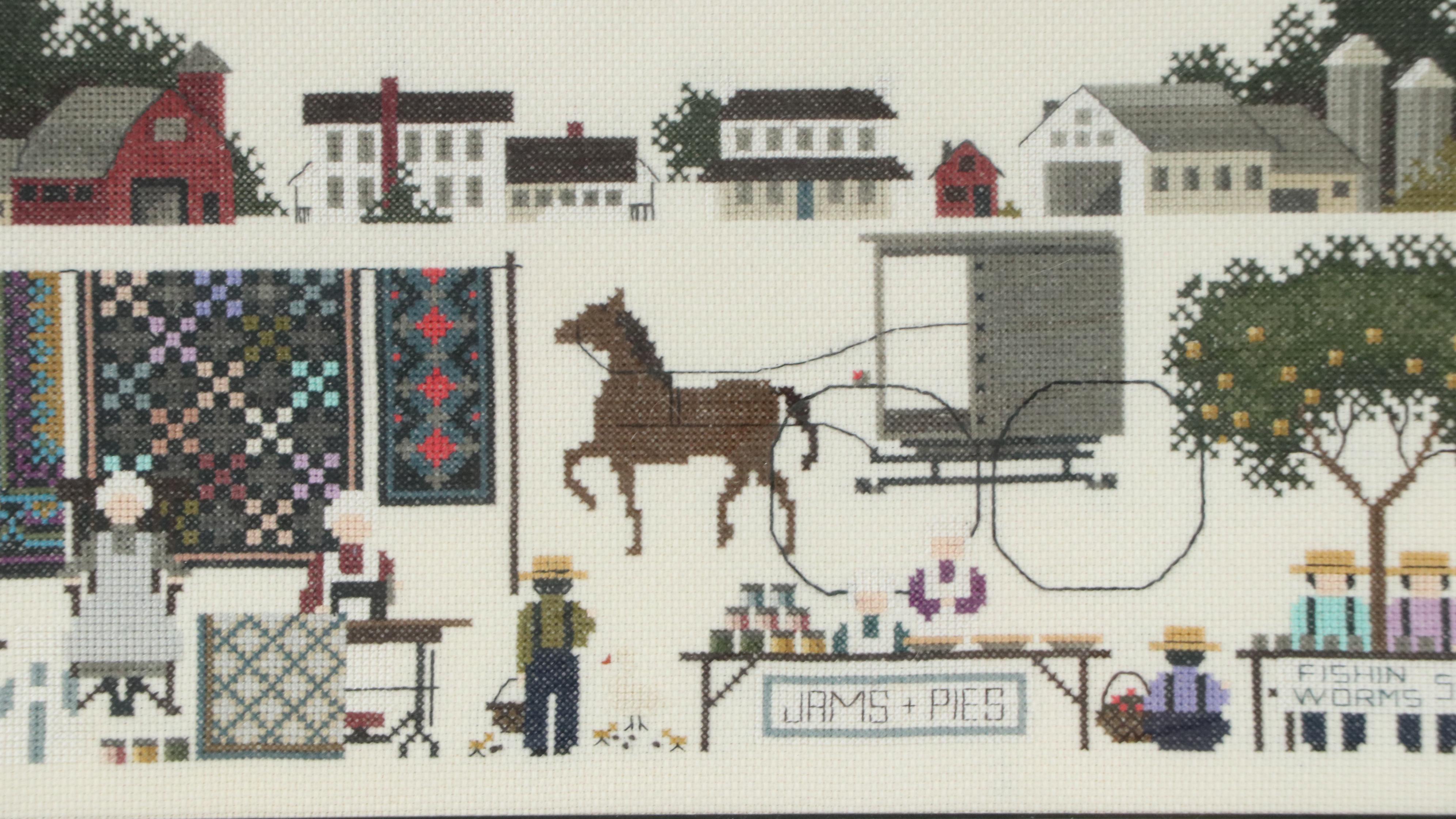 Pair of Amish-Themed Cross-Stitch Embroideries, Circa 1990