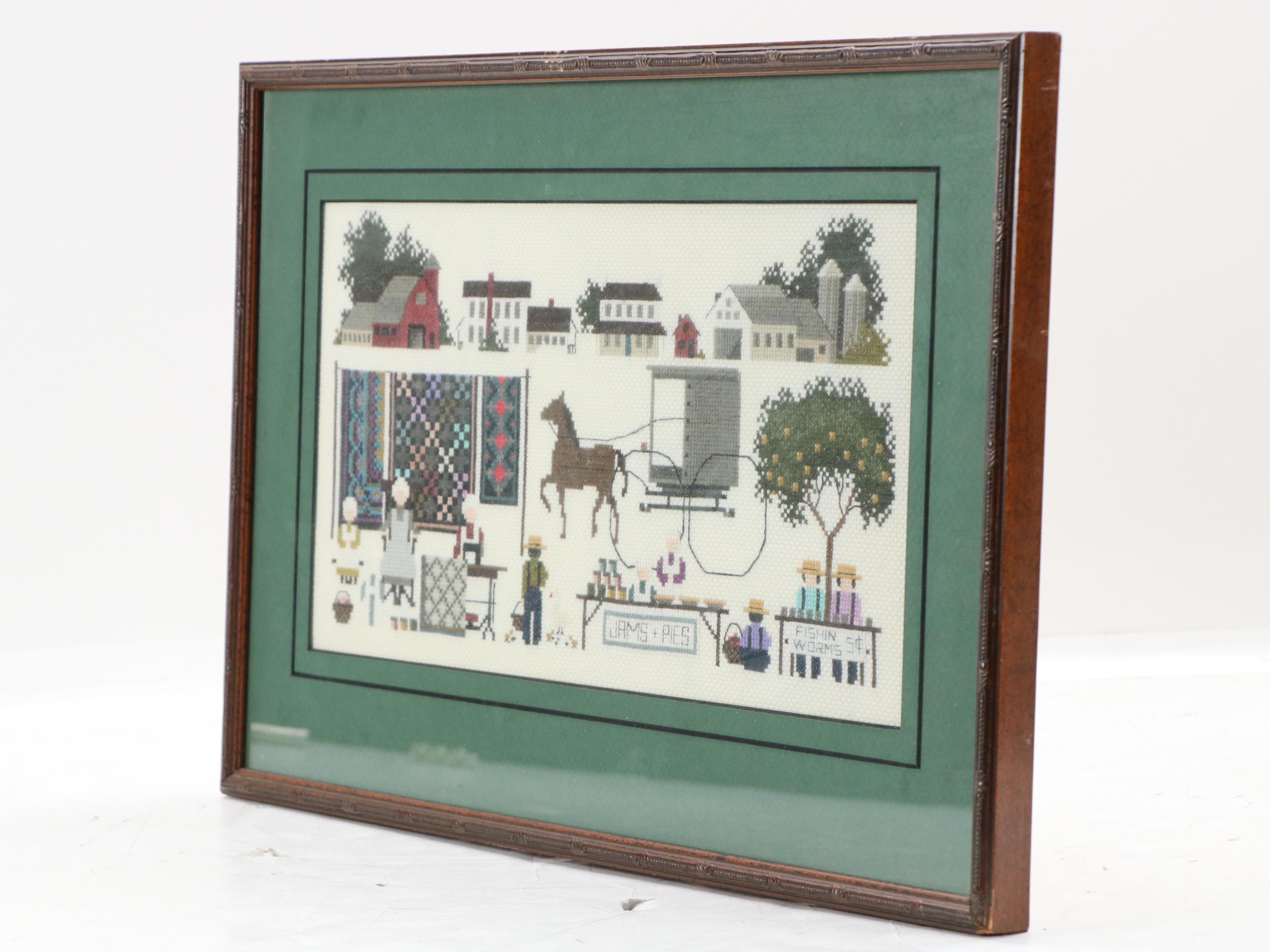 Pair of Amish-Themed Cross-Stitch Embroideries, Circa 1990