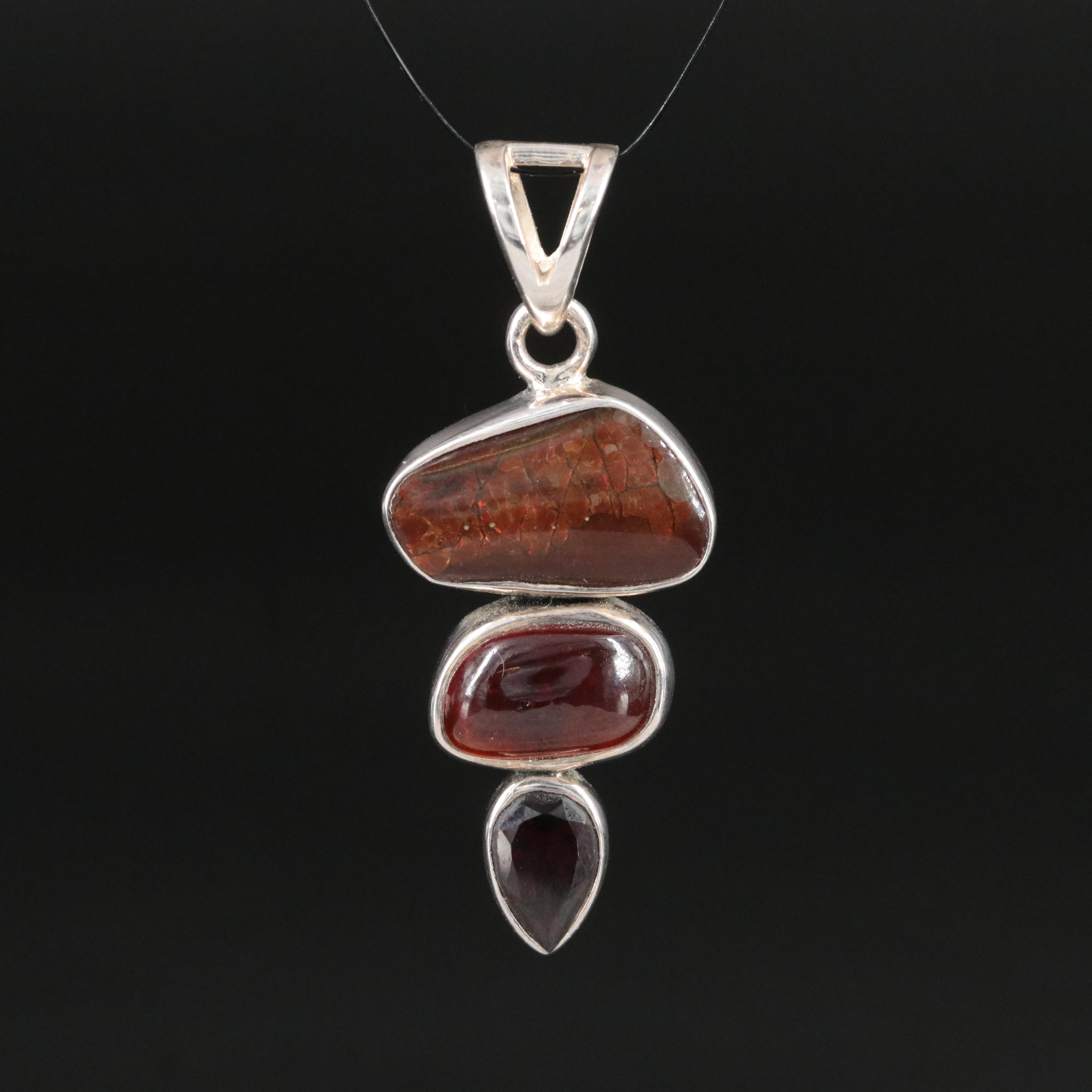 Sterling Ammolite Triplet, Hessonite and Garnet Pendant