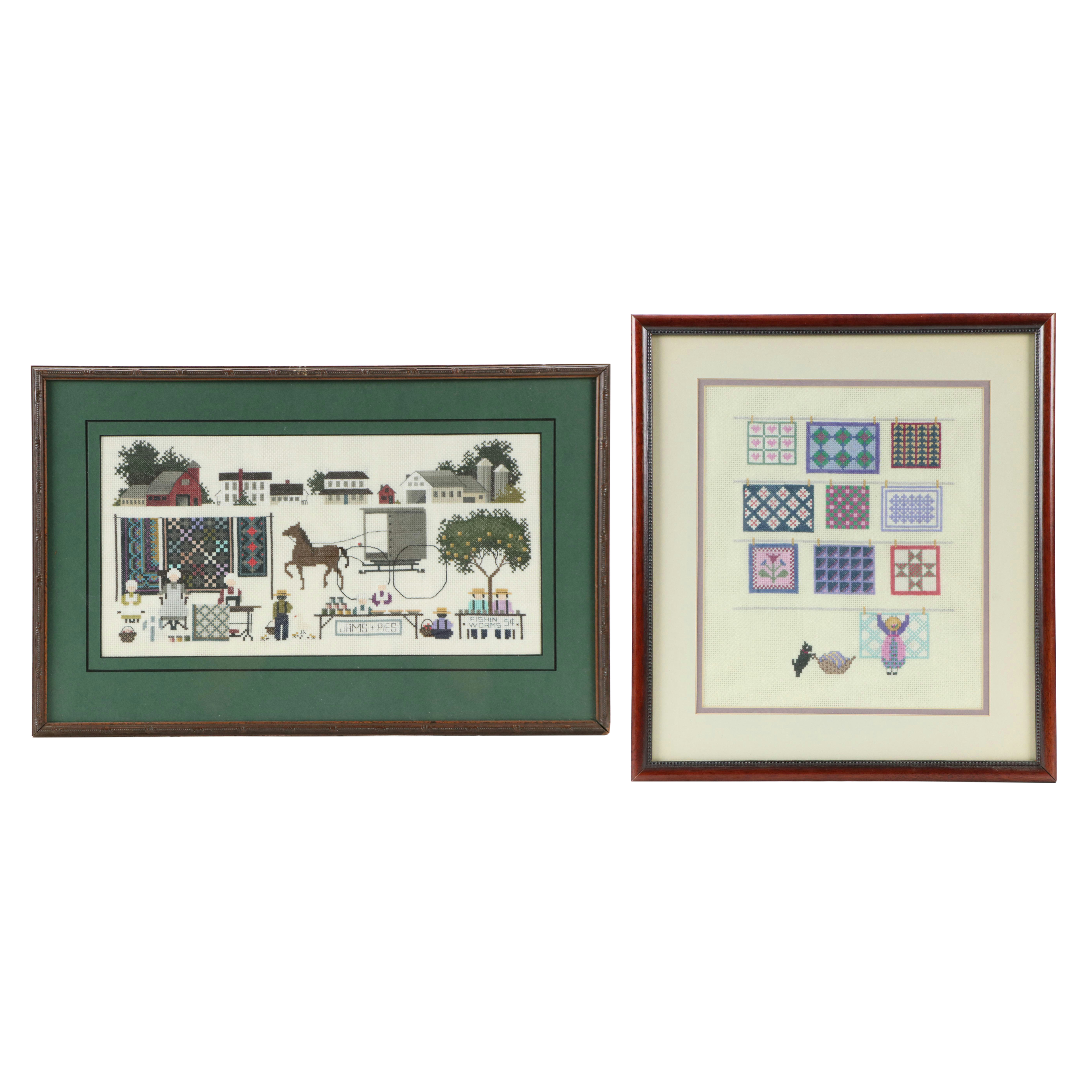 Pair of Amish-Themed Cross-Stitch Embroideries, Circa 1990