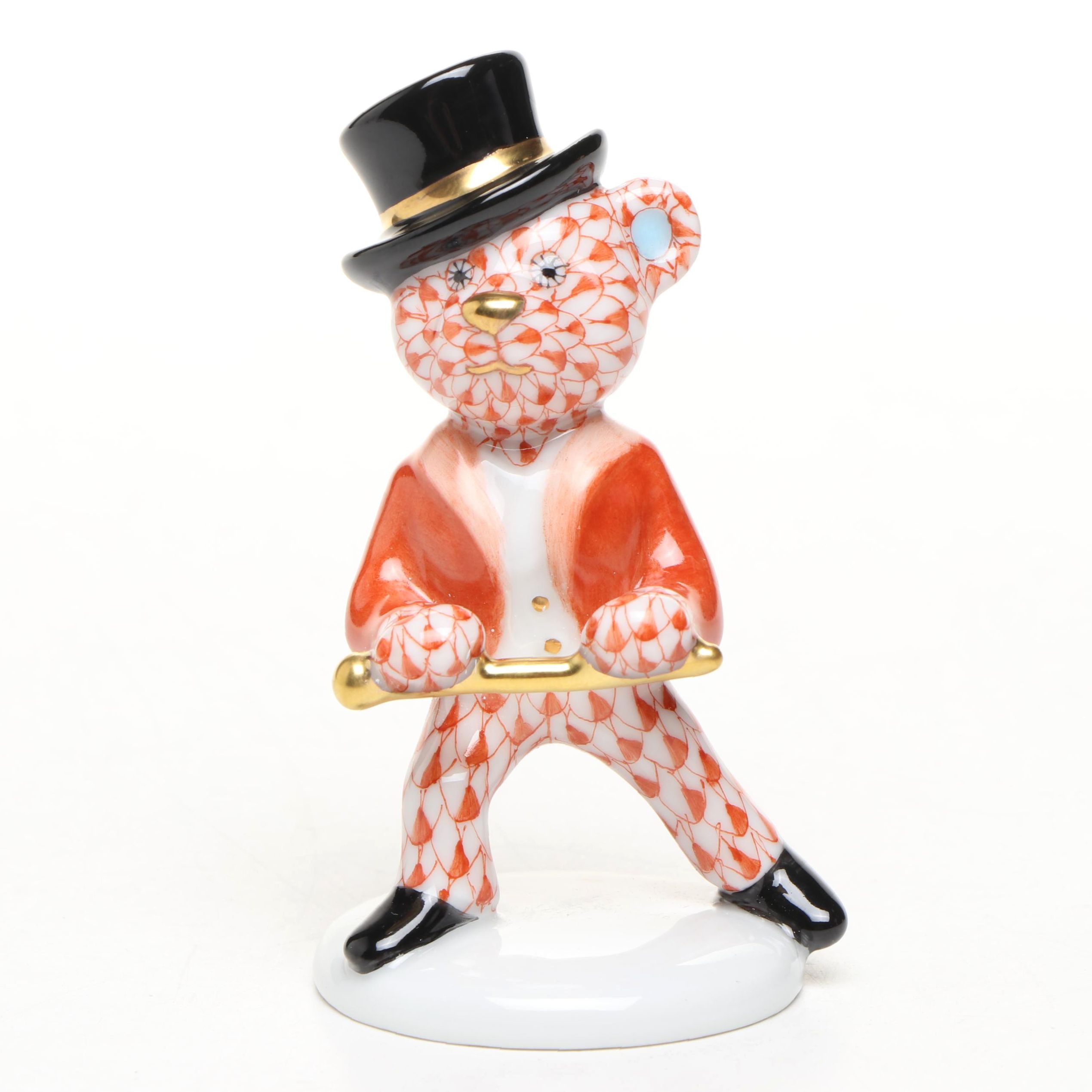 Herend Rust Fishnet with Gold "Tap Dance Bear" Porcelain Figurine