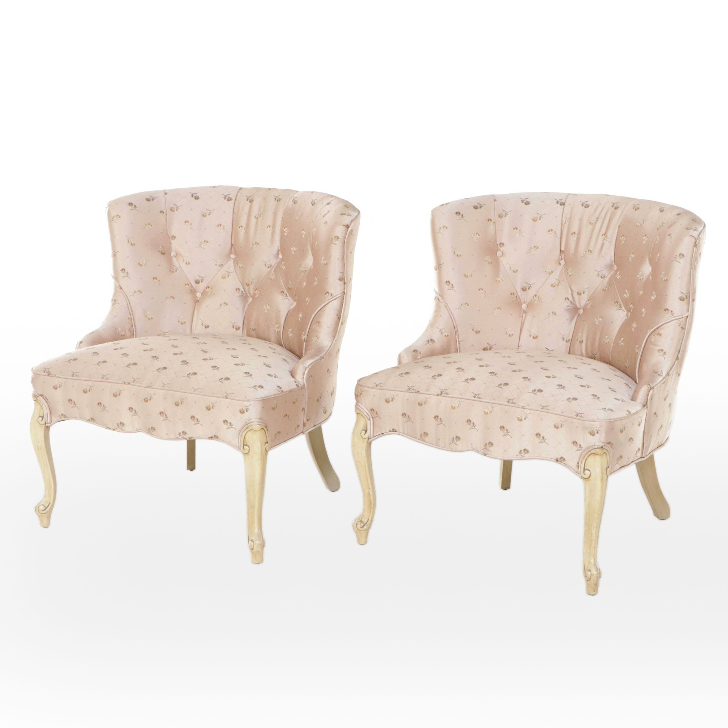 Pair of French Provincial Style Button-Tufted Floral Fabric Boudoir Chairs
