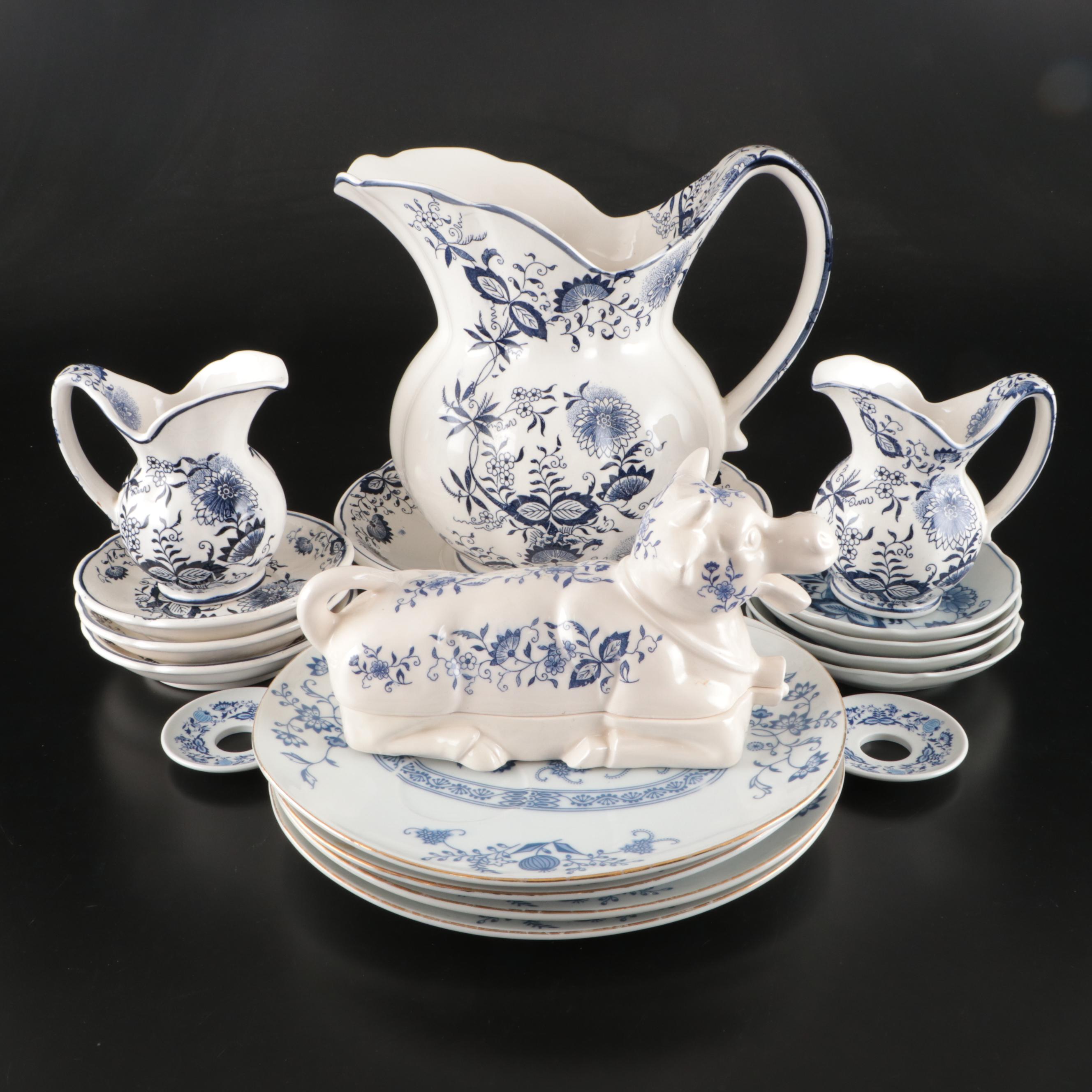 Japanese Blue Floral Ceramic Pitcher and Plates with Other Floral Tableware