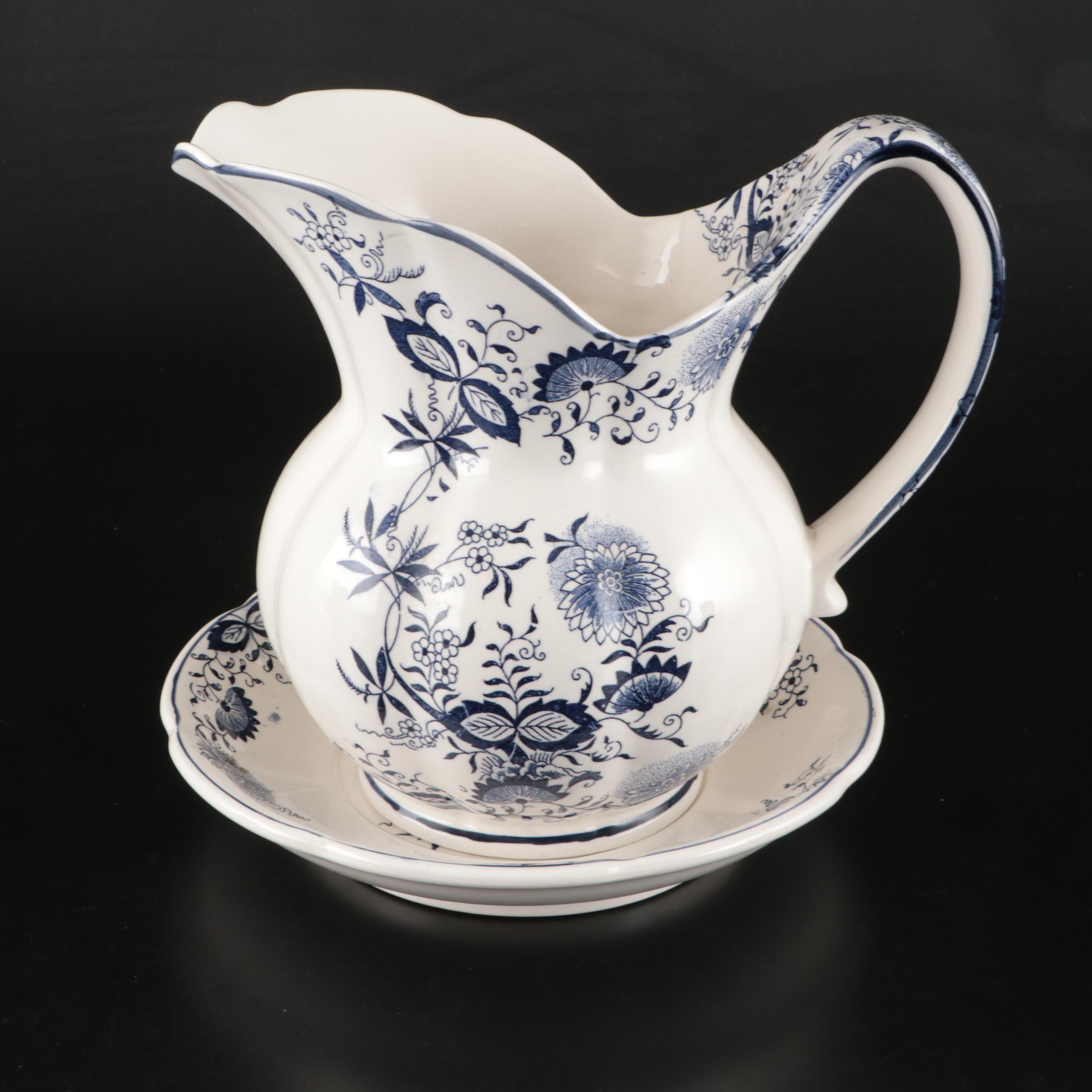 Japanese Blue Floral Ceramic Pitcher and Plates with Other Floral Tableware