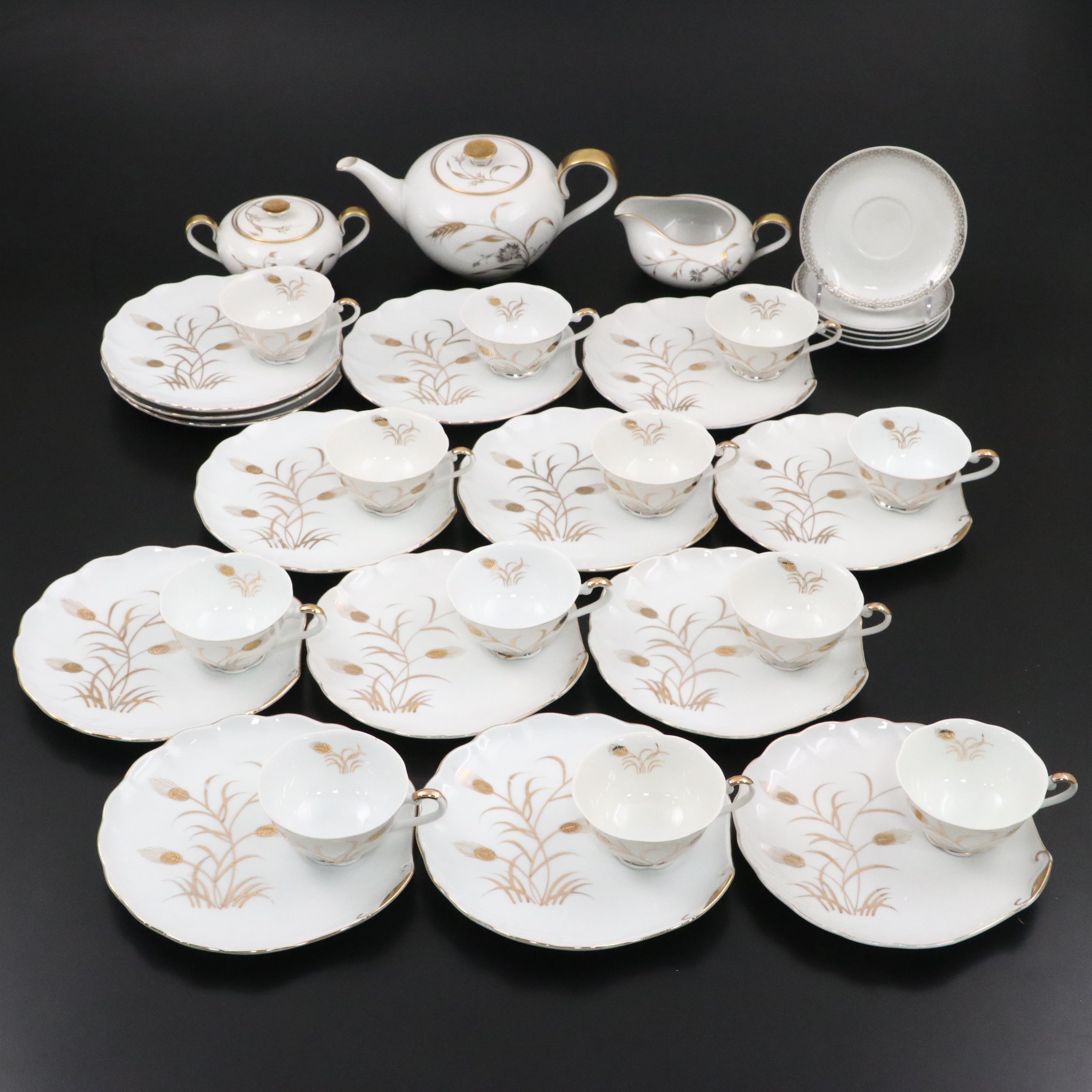 Lefton Gold Gilt Porcelain Teacups and Dessert Plates with Other Teaware