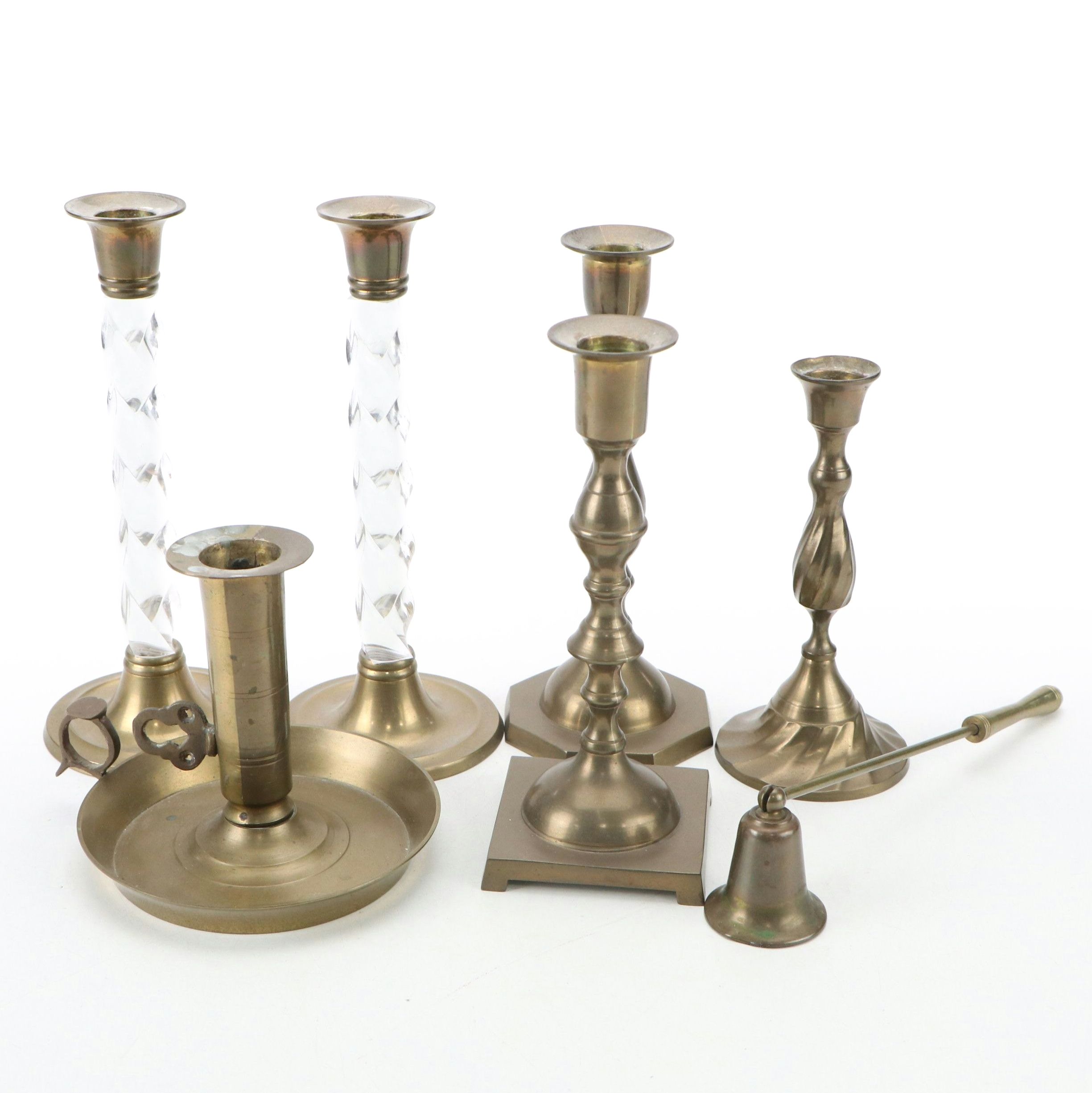 Cast Brass and Glass Candlesticks, Chamberstick with Candle Snuffer