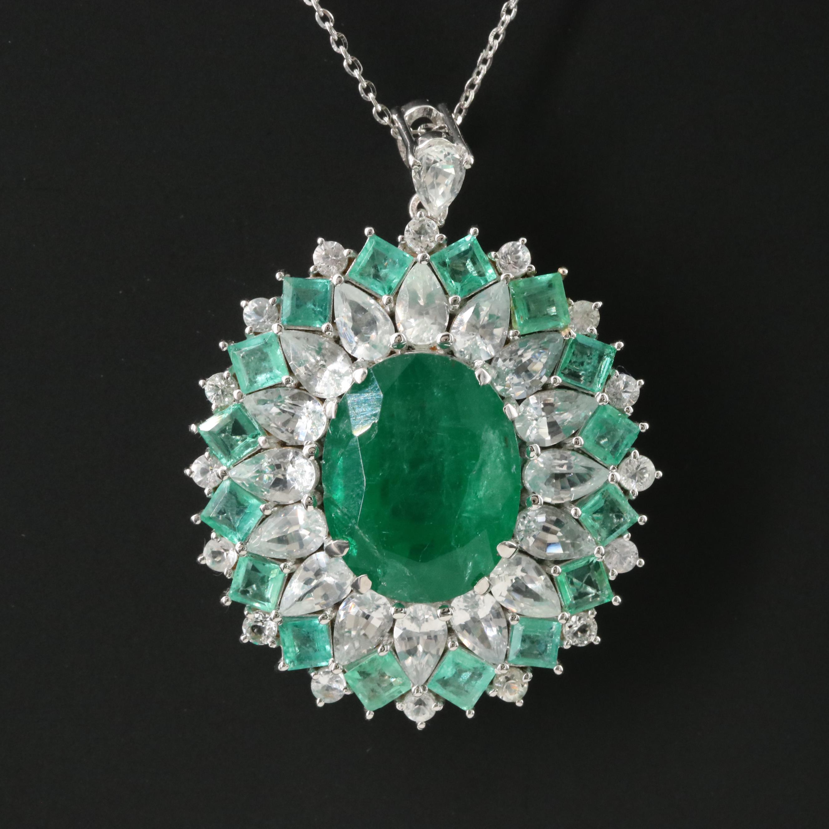 14K Emerald and White Sapphire Pendant Necklace with IGI Report