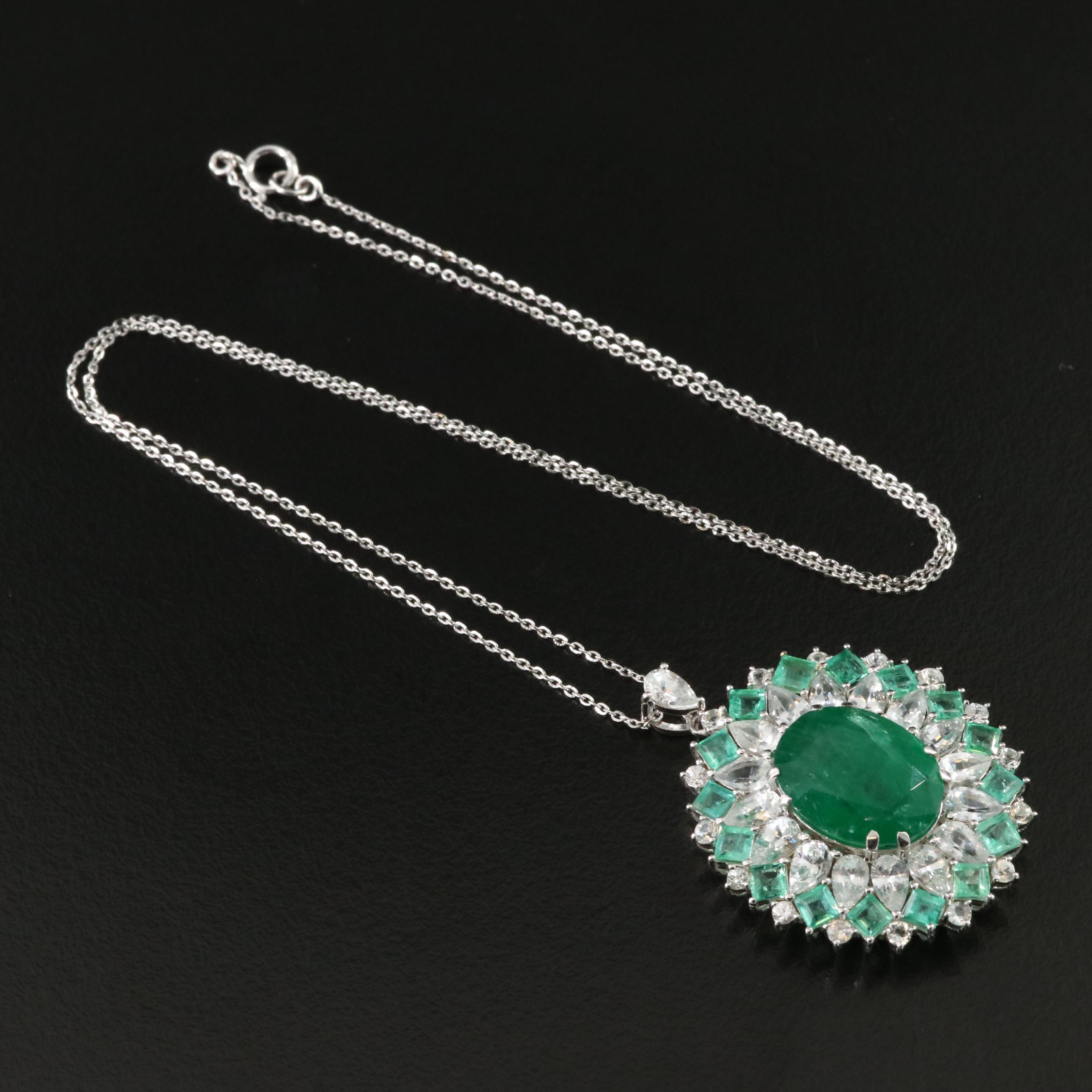 14K Emerald and White Sapphire Pendant Necklace with IGI Report