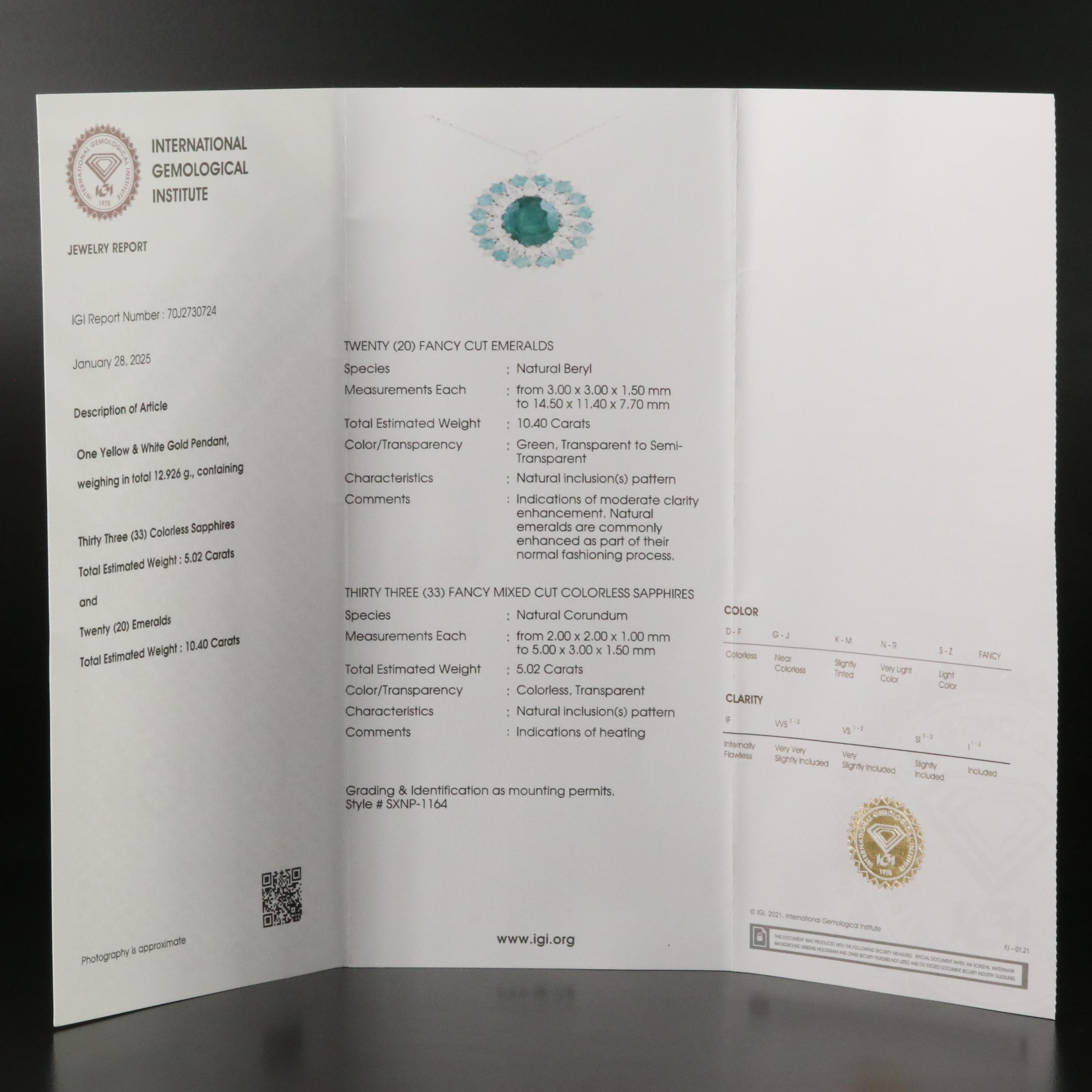 14K Emerald and White Sapphire Pendant Necklace with IGI Report