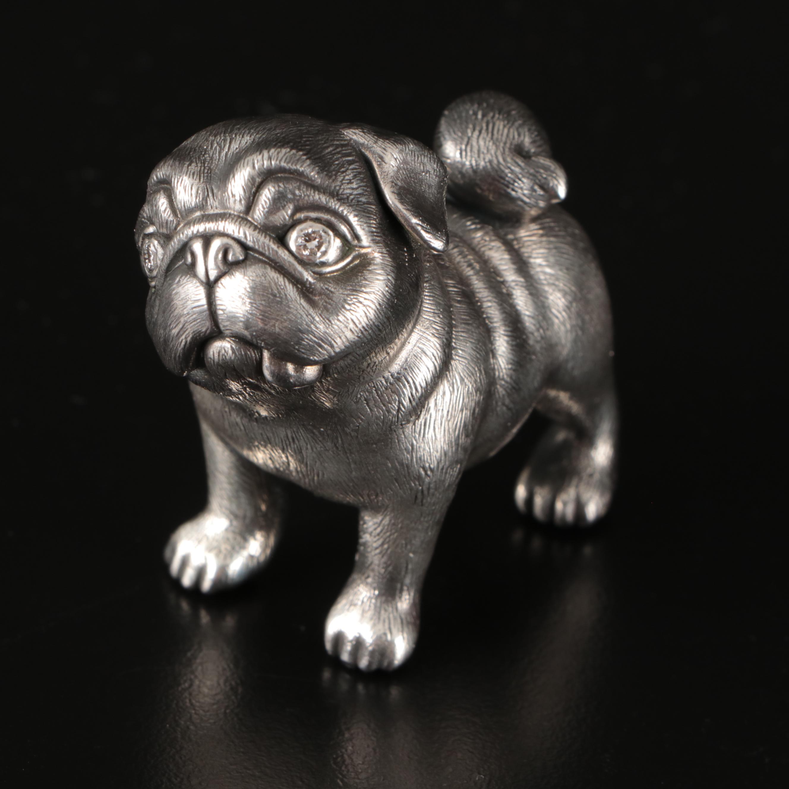 Russian 875 Silver Pug with Lab Grown Diamond Eyes