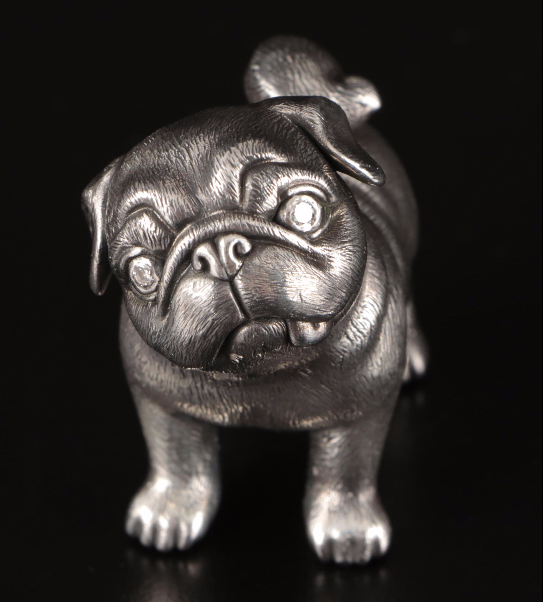 Russian 875 Silver Pug with Lab Grown Diamond Eyes