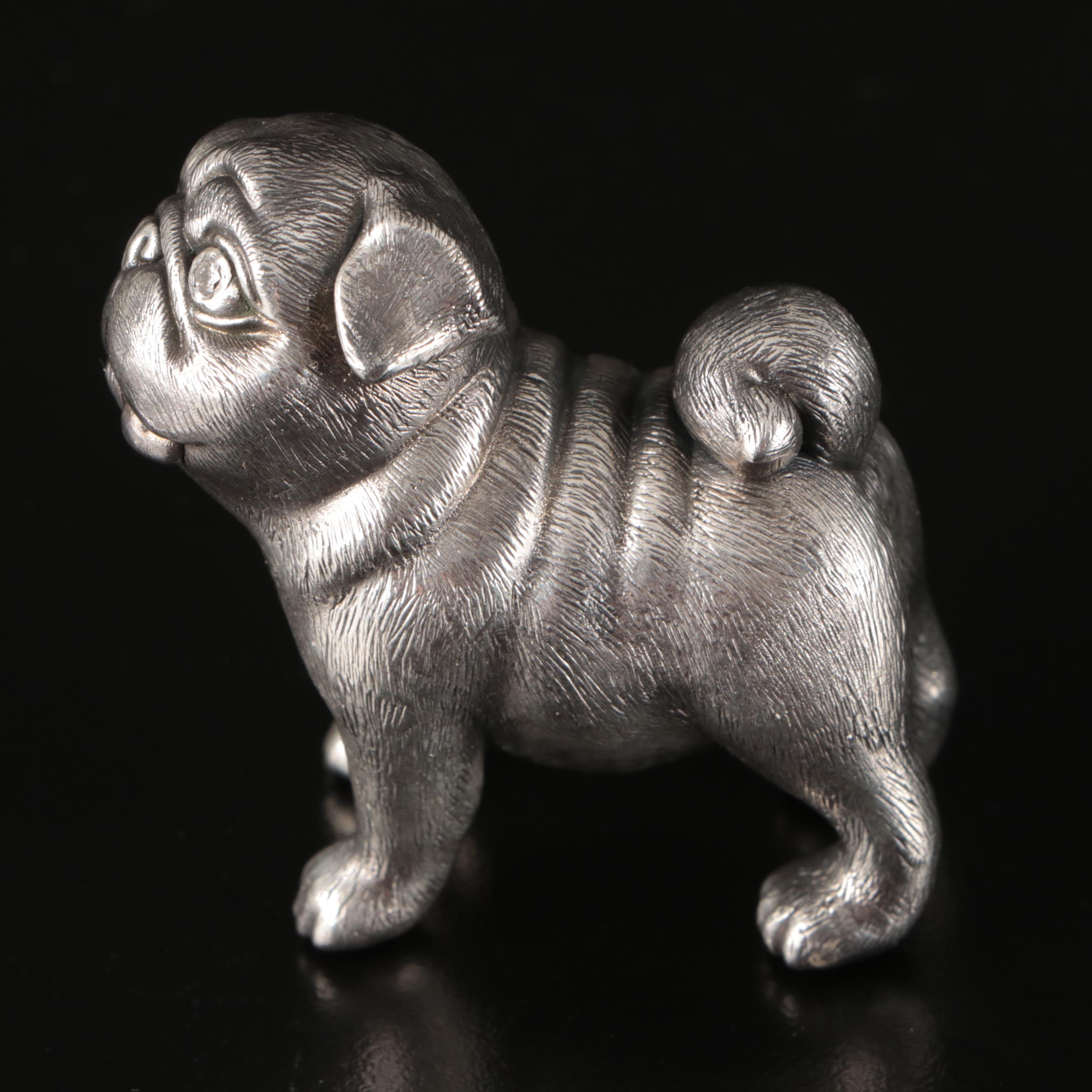 Russian 875 Silver Pug with Lab Grown Diamond Eyes