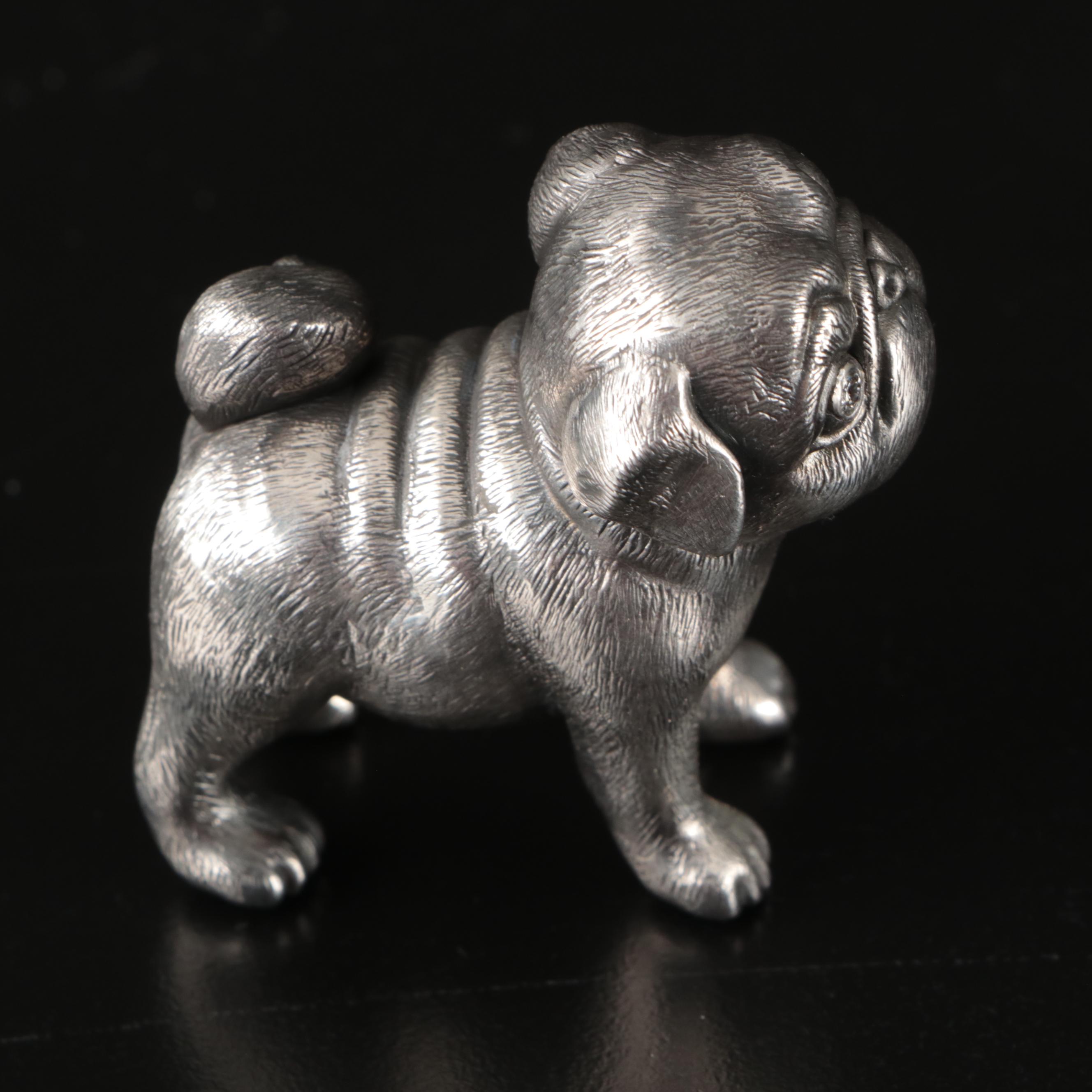 Russian 875 Silver Pug with Lab Grown Diamond Eyes