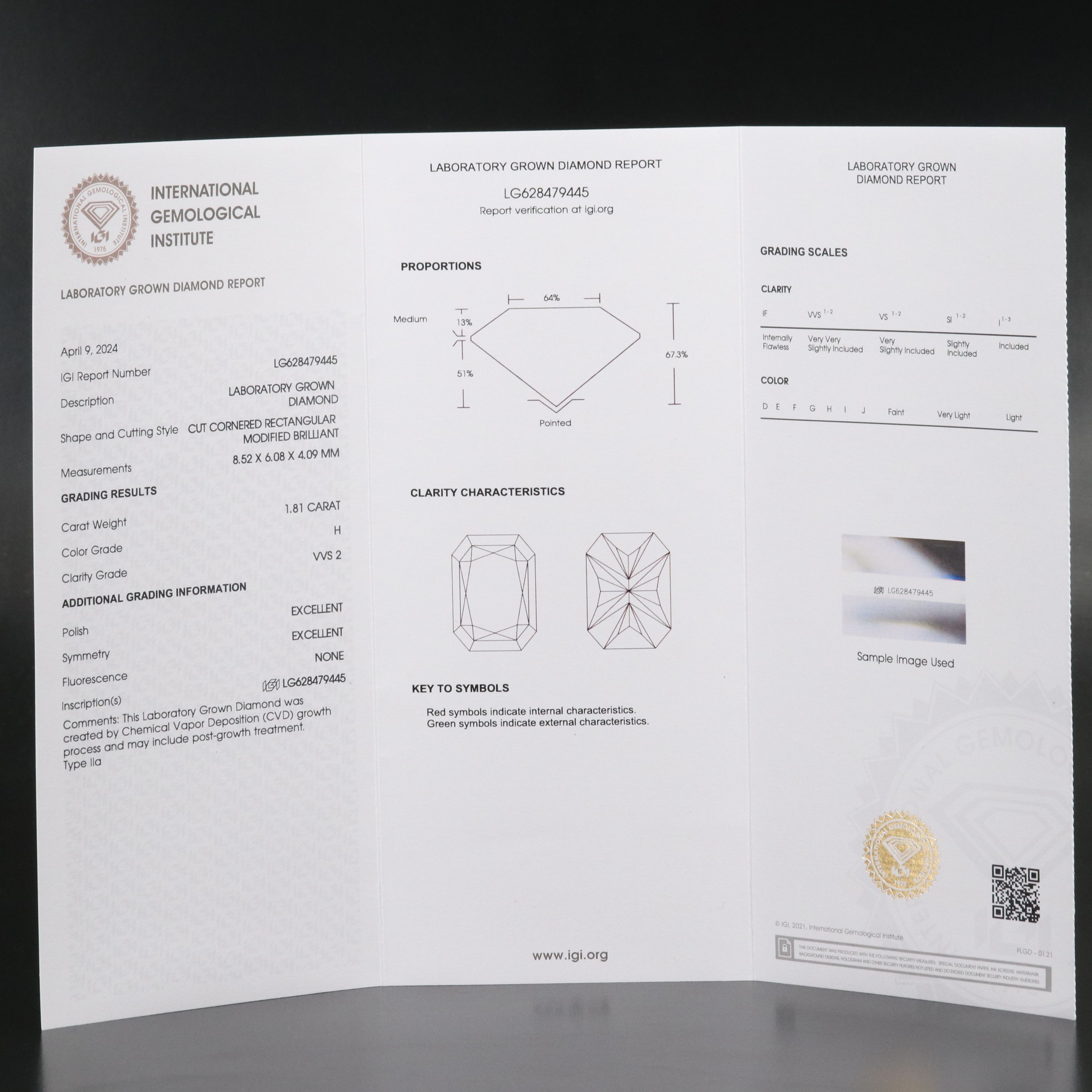 Loose 1.81 CT Lab Grown Diamond with IGI Report
