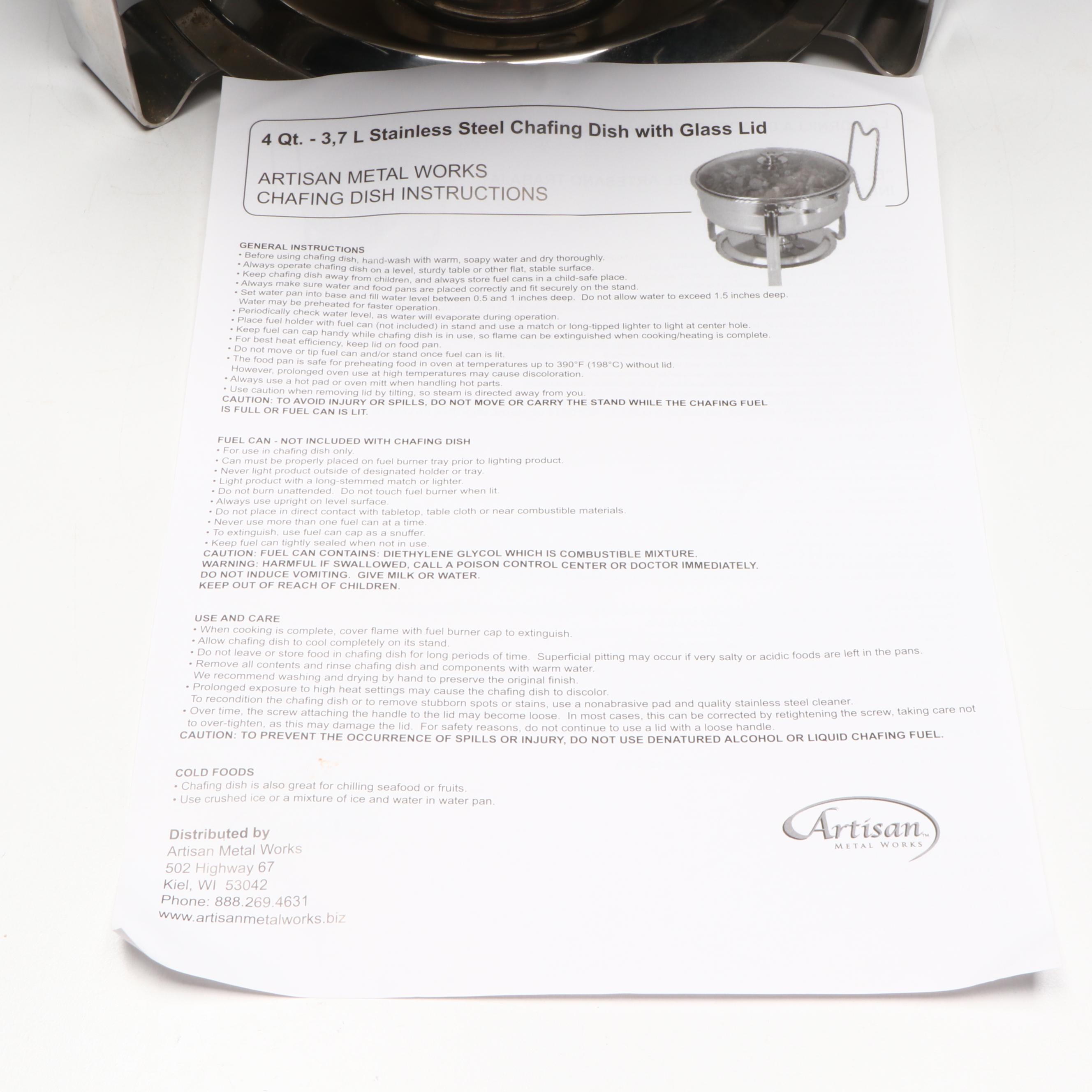 Artisan Metal Works 4-Quart Stainless Steel Chafing Dishes with Glass Lids