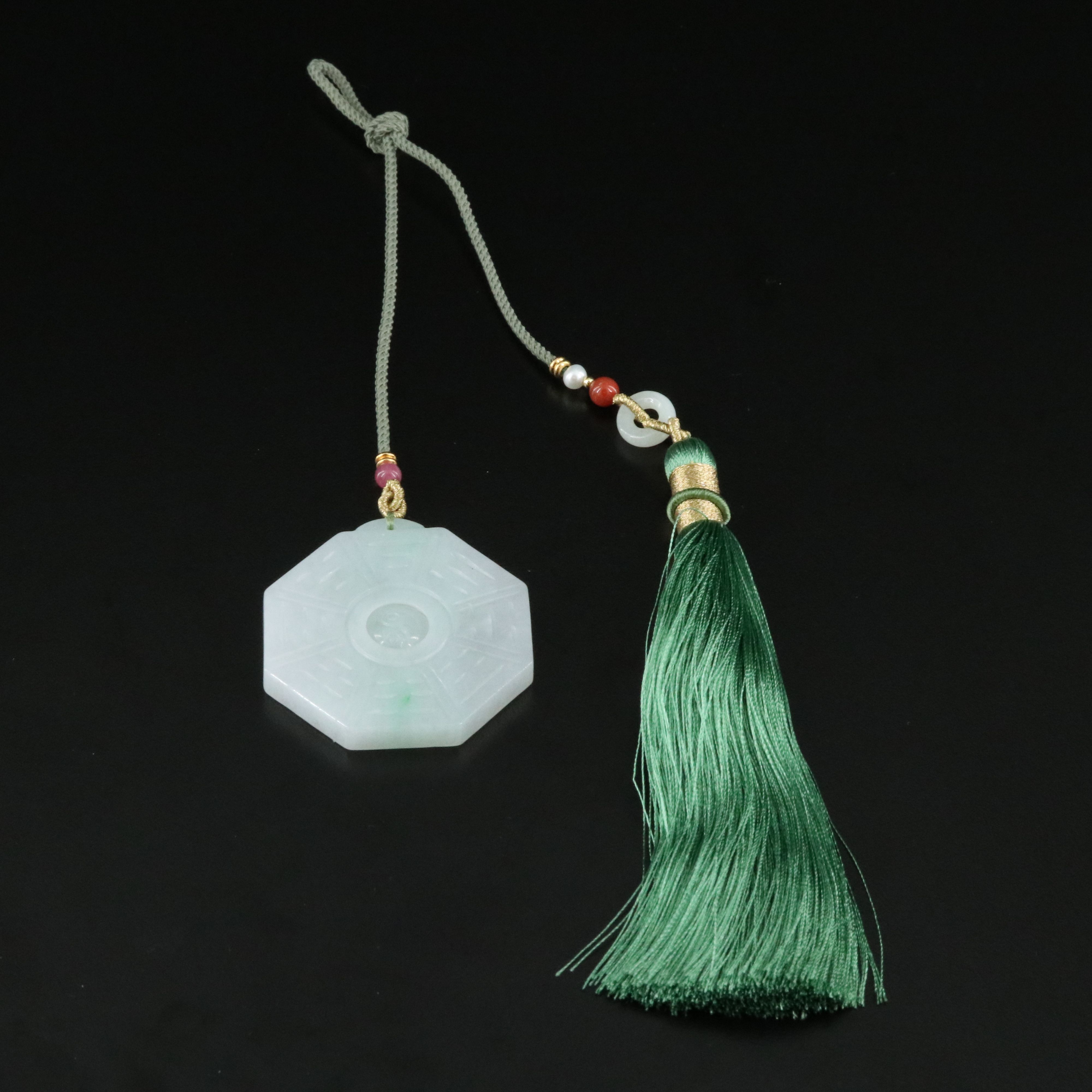 Chinese Bagua Jadeite with Cultured Pearl, Agate and Tassel
