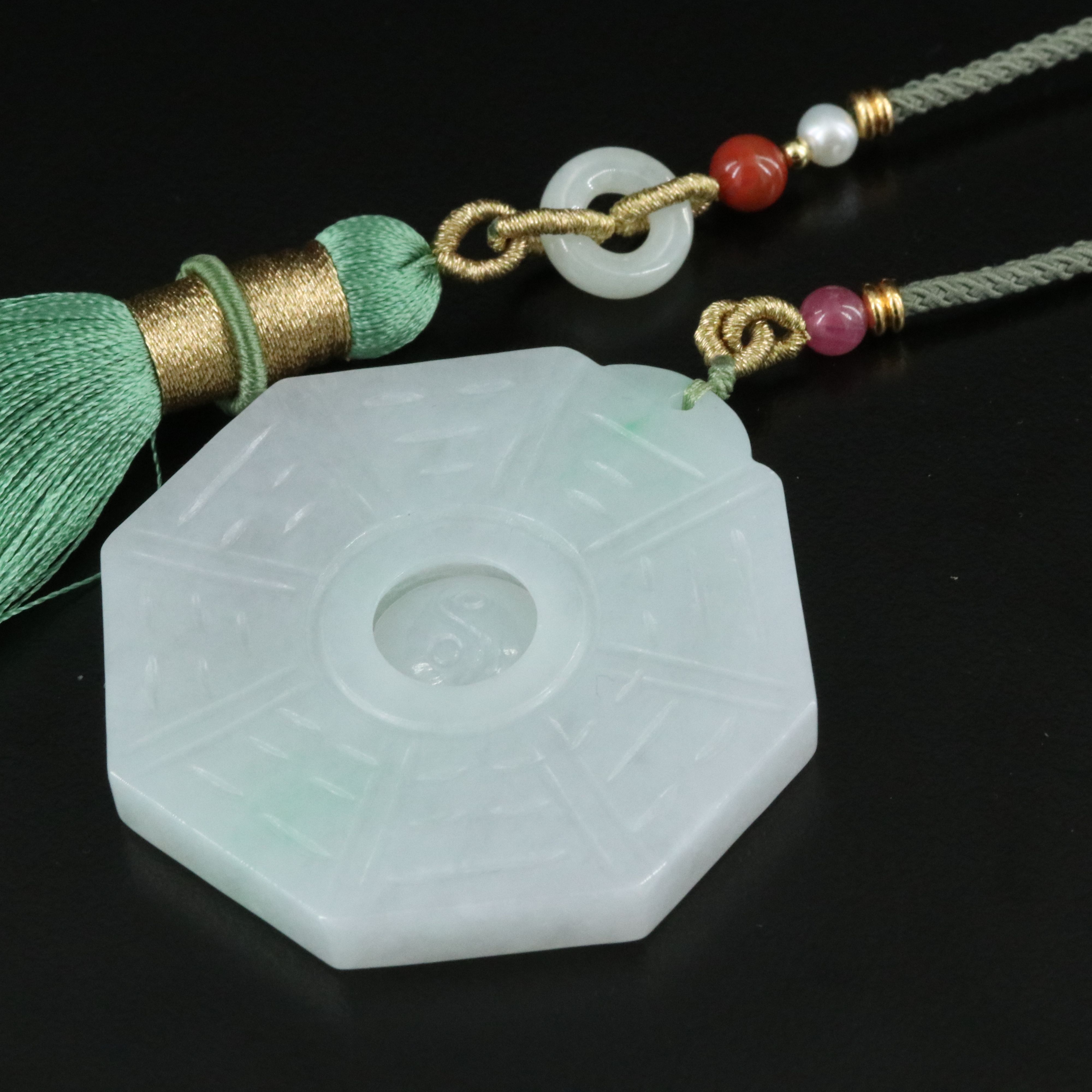 Chinese Bagua Jadeite with Cultured Pearl, Agate and Tassel