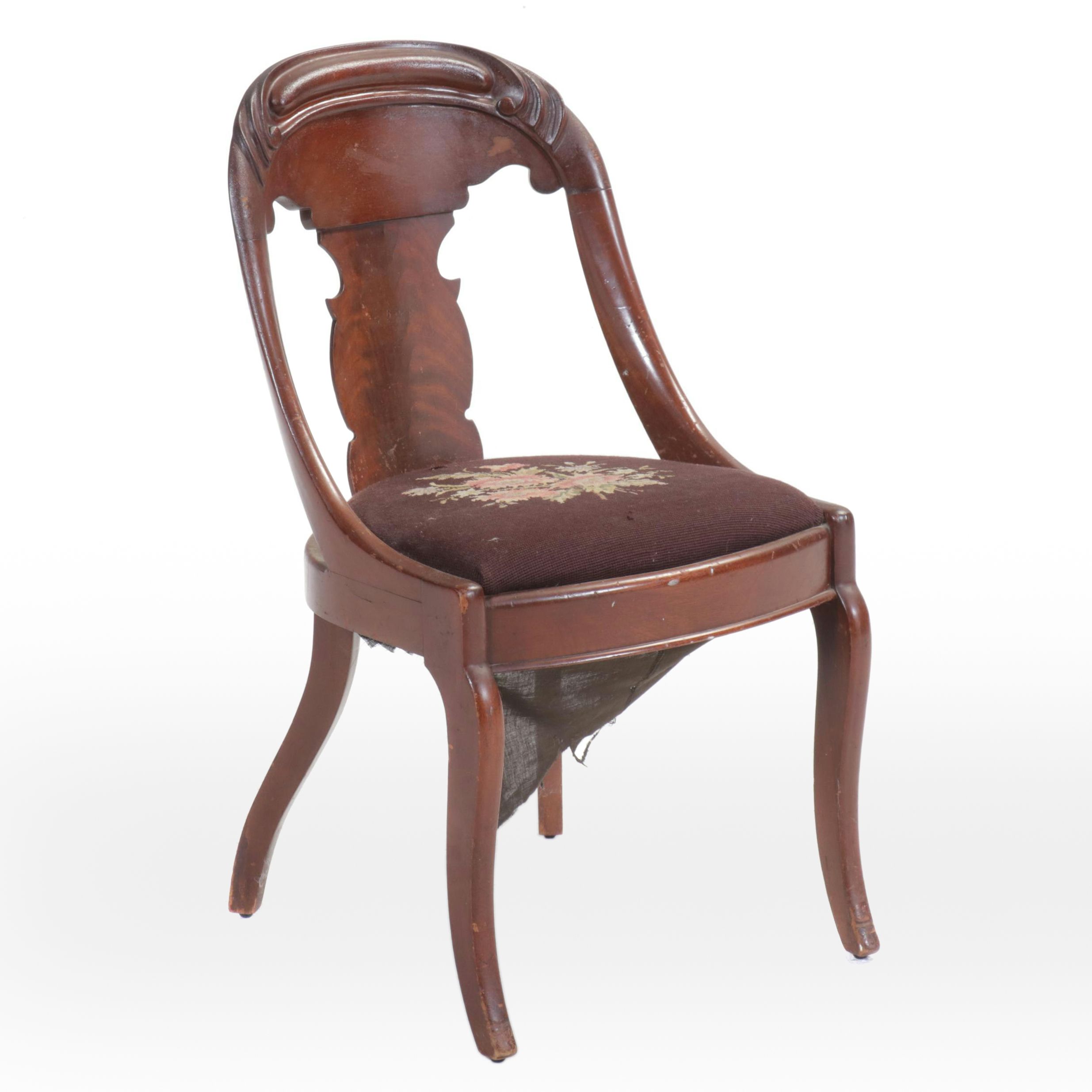 Empire Style Carved Mahogany Chair with Floral Needlepoint Seat